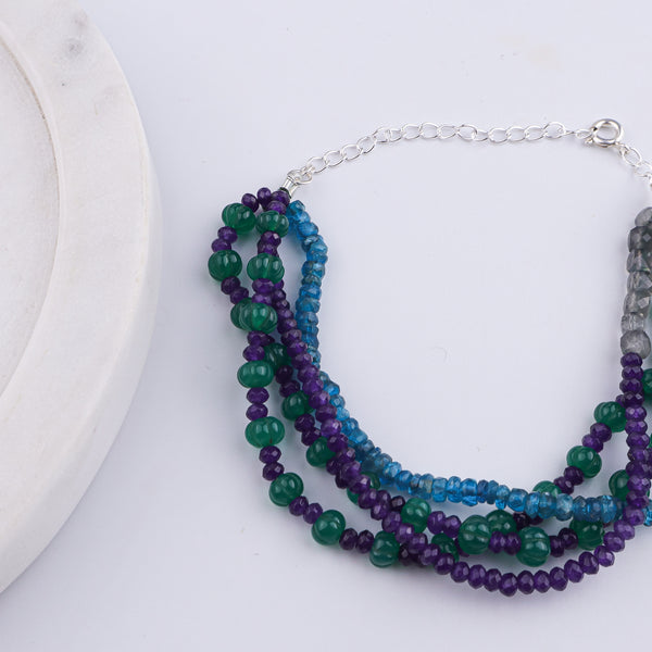 Rhodolite, Green Onyx, Labradorite & Purple Jade Silver Bracelet (Project Handmade)