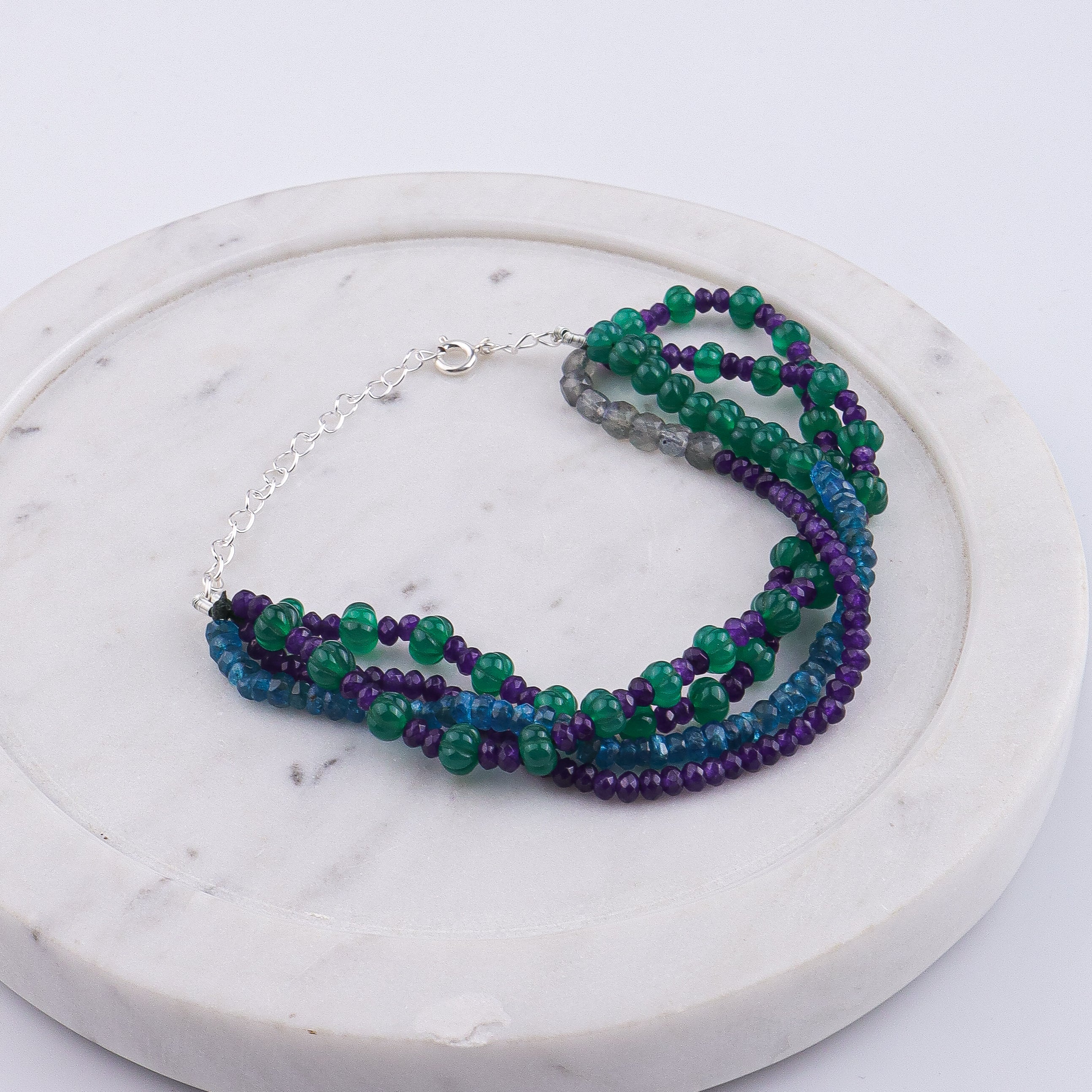 Rhodolite, Green Onyx, Labradorite & Purple Jade Silver Bracelet (Project Handmade)