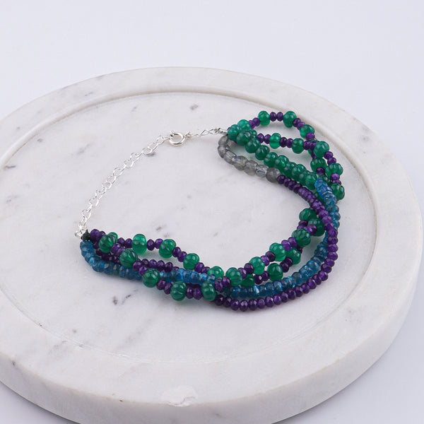 Rhodolite, Green Onyx, Labradorite & Purple Jade Silver Bracelet (Project Handmade)