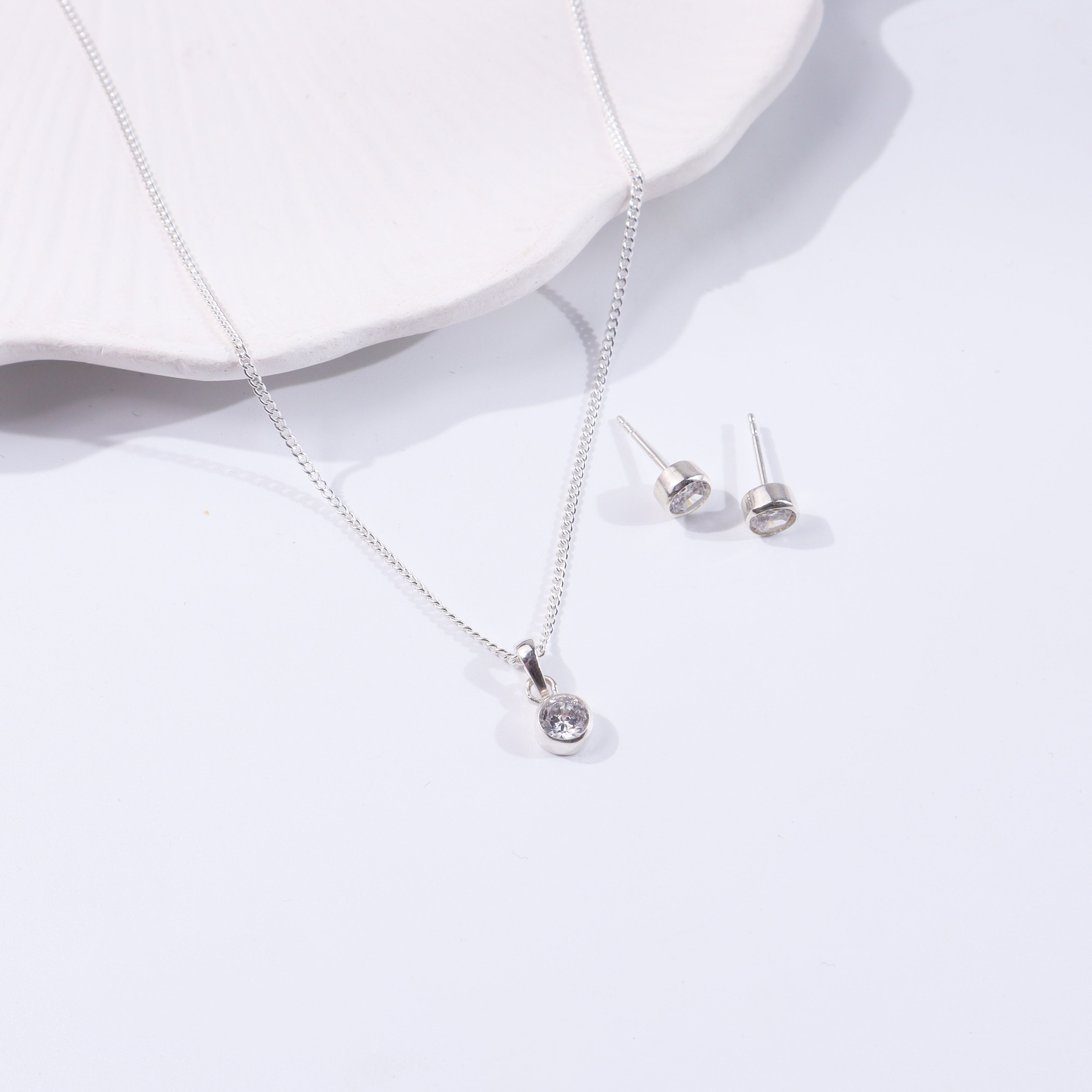 CZ Button Set of Chain & Studs | 92.5 Sterling Silver