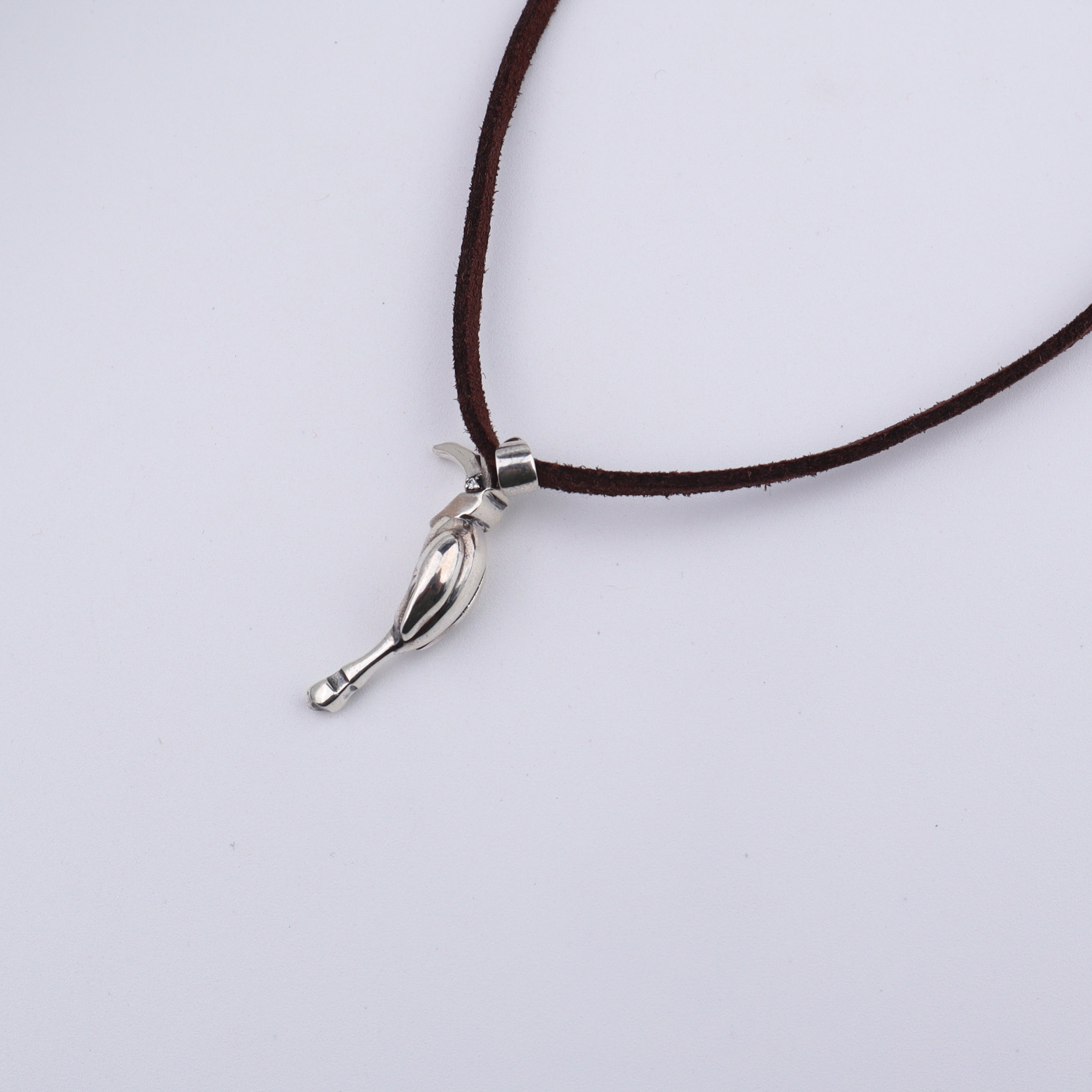 Close-up of Silver Hornbill pendant on brown suede cord