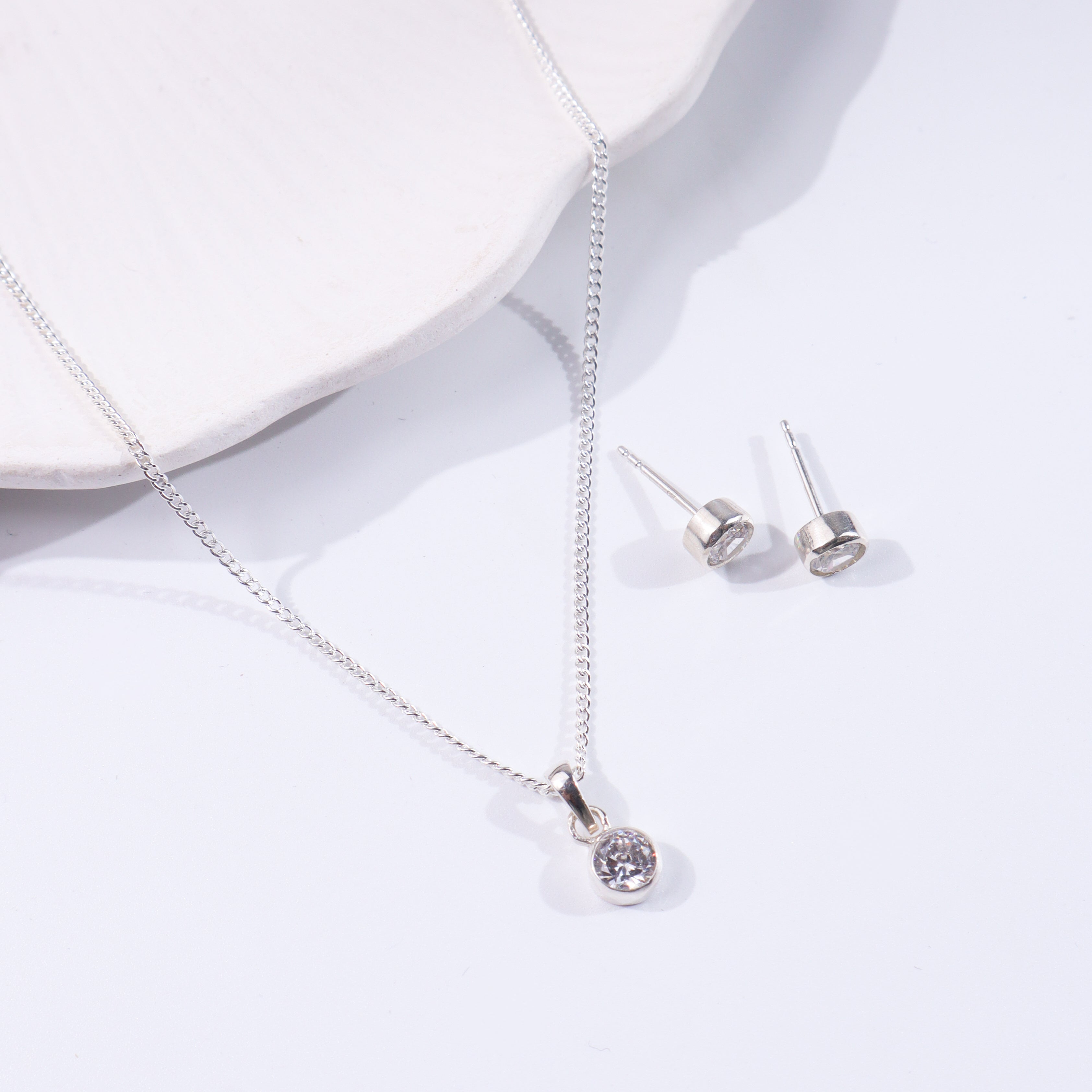 CZ Button Set of Chain & Studs | 92.5 Sterling Silver