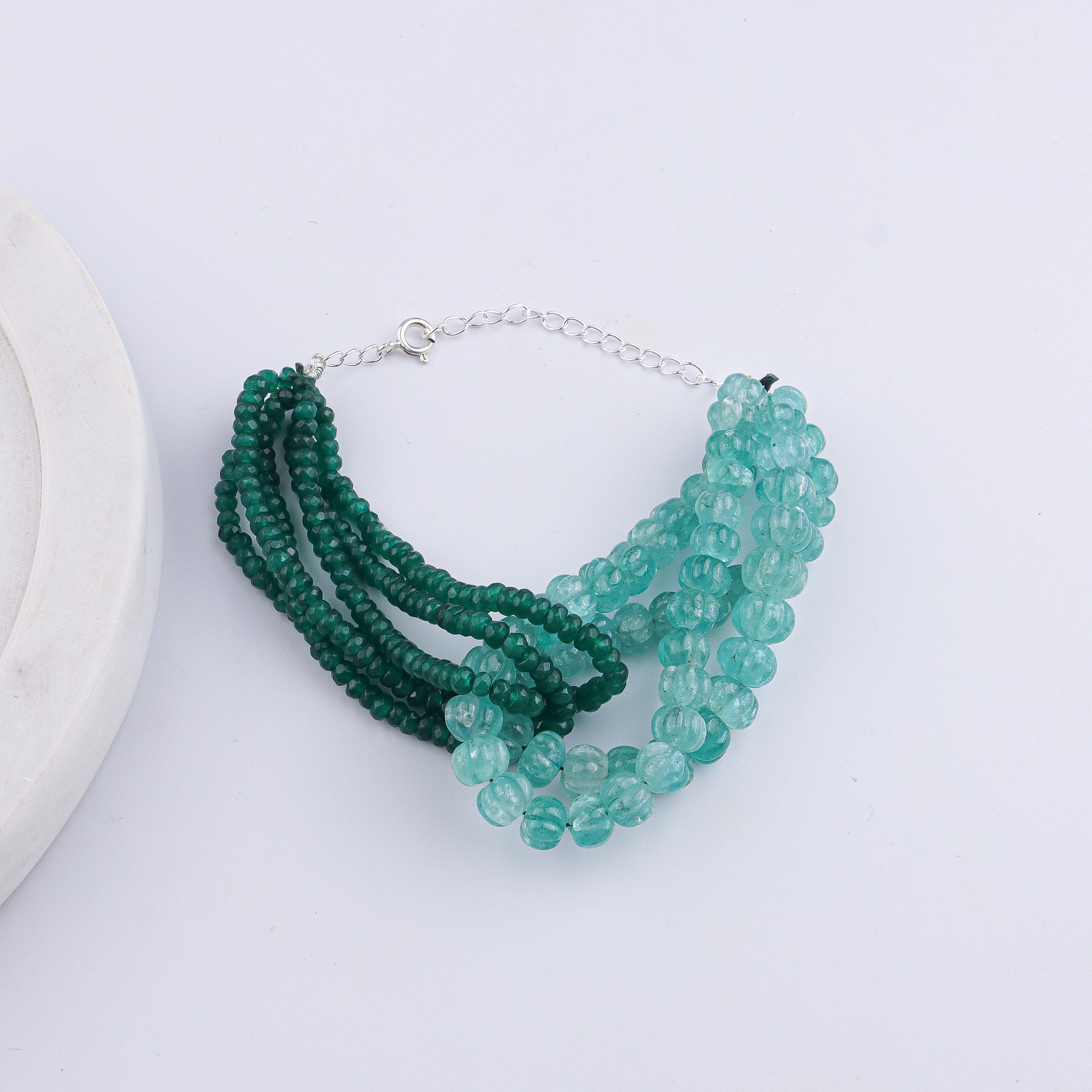 Carved Pumpkin Aqua Fluorite & Green Onyx Silver Bracelet (Project Handmade)