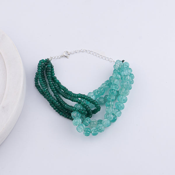 Carved Pumpkin Aqua Fluorite & Green Onyx Silver Bracelet (Project Handmade)