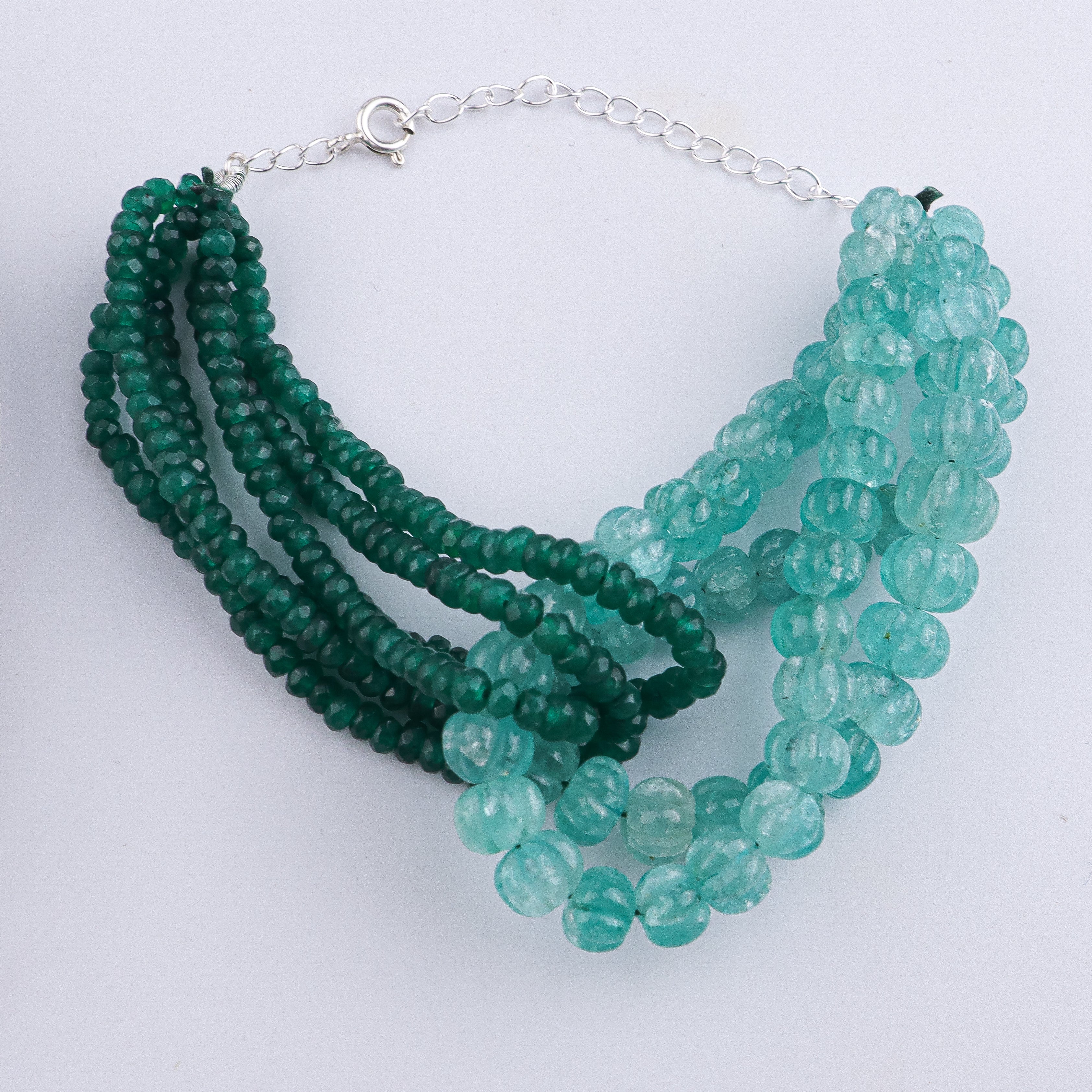 Carved Pumpkin Aqua Fluorite & Green Onyx Silver Bracelet (Project Handmade)