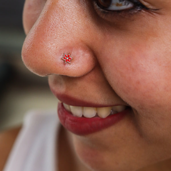 Flower Nose pin ( Pierced ) - Red