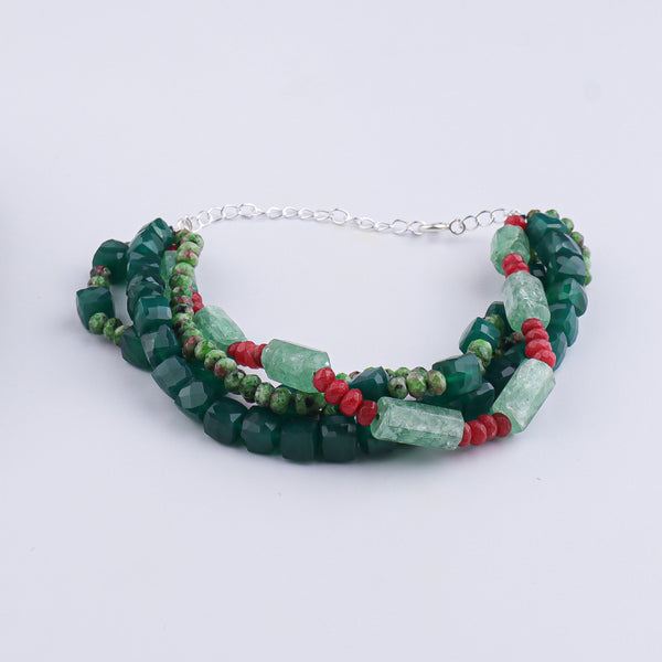 Green Onyx, Russian Quartz, Green & Red Jade Silver Bracelet (Project Handmade)