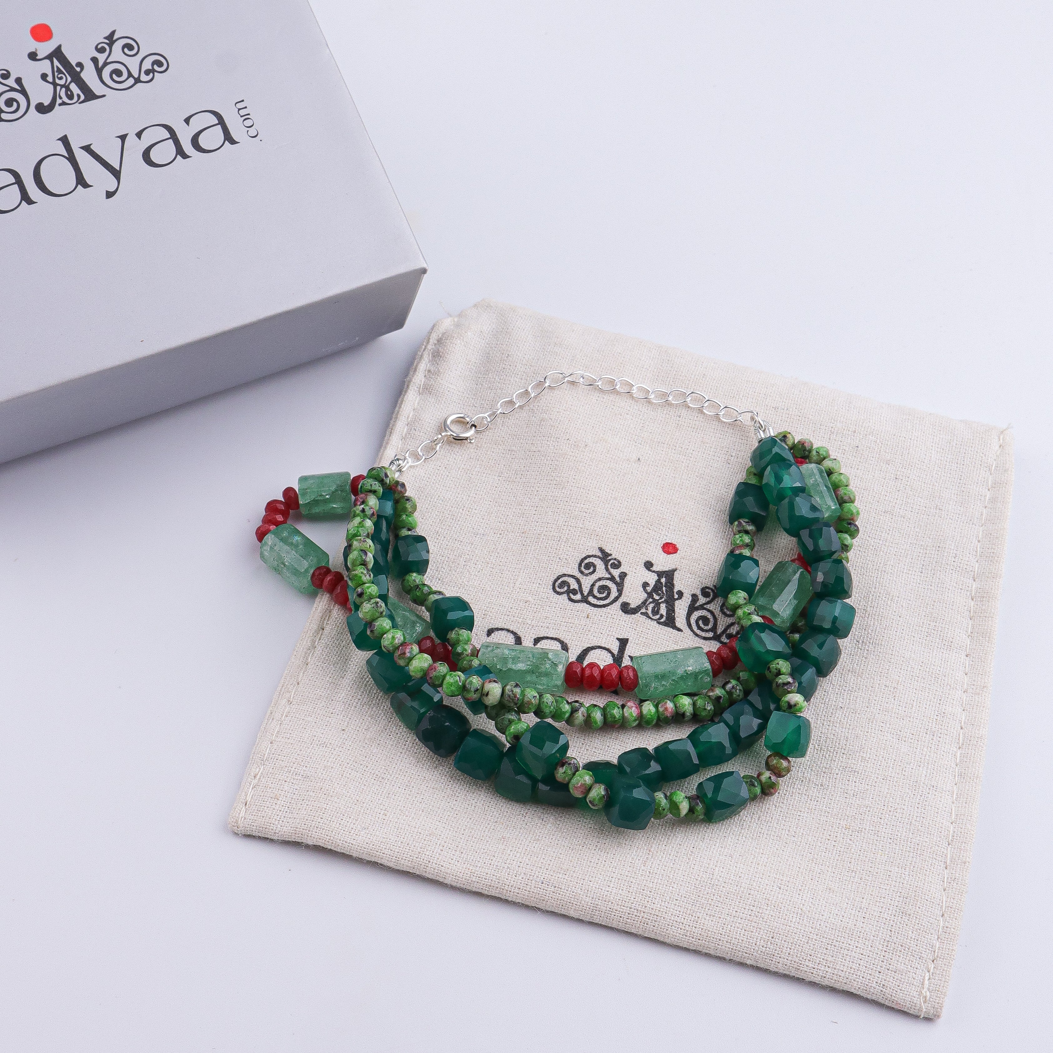 Green Onyx, Russian Quartz, Green & Red Jade Silver Bracelet (Project Handmade)
