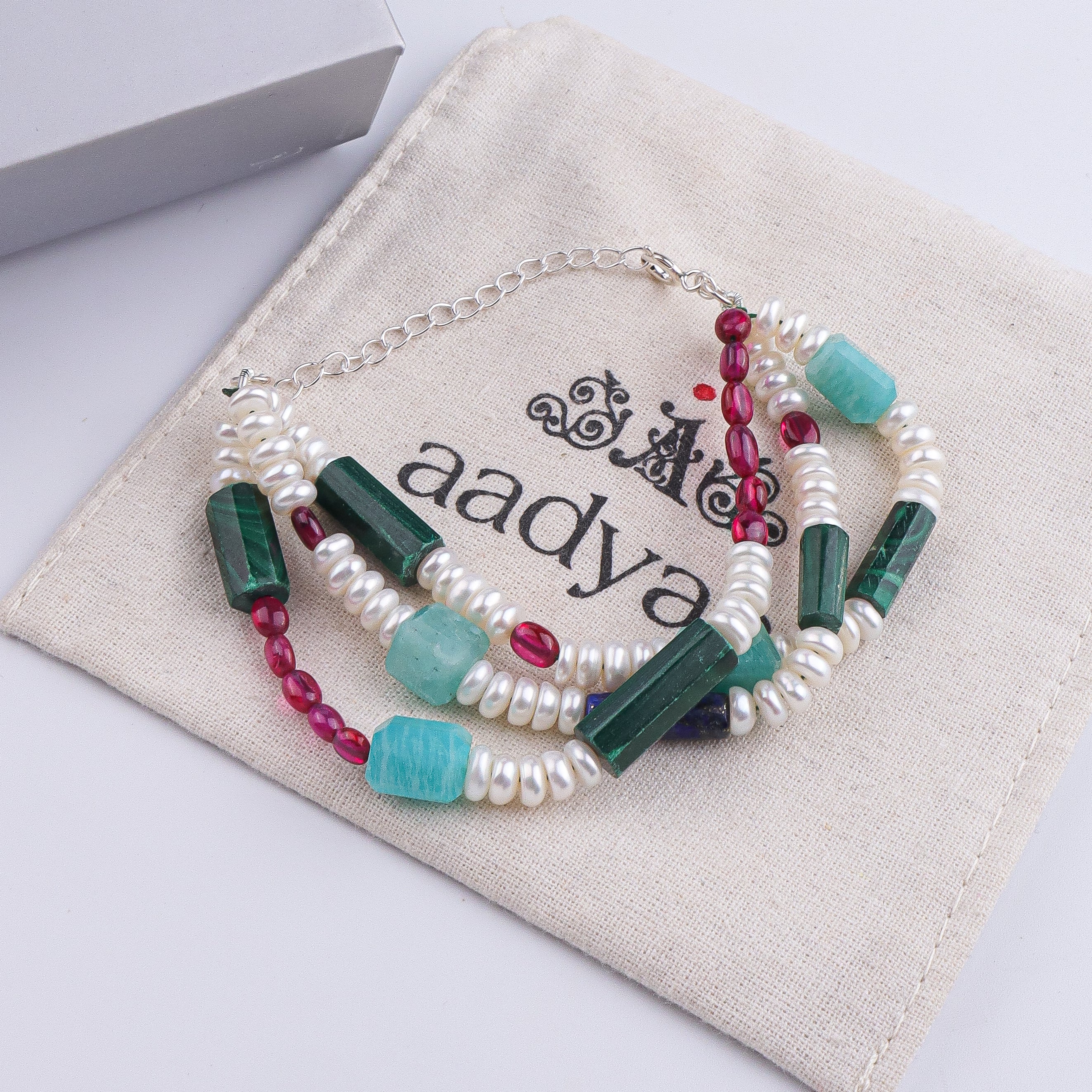 Amazonite, Lapis Lazuli, Ruby, Freshwater Pearl & Malachite Silver Bracelet (Project Handmade)