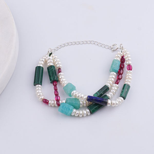 Amazonite, Lapis Lazuli, Ruby, Freshwater Pearl & Malachite Silver Bracelet (Project Handmade)
