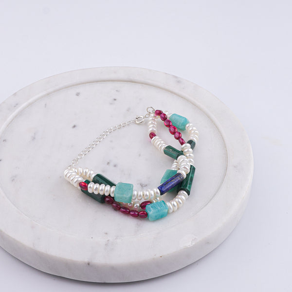 Amazonite, Lapis Lazuli, Ruby, Freshwater Pearl & Malachite Silver Bracelet (Project Handmade)
