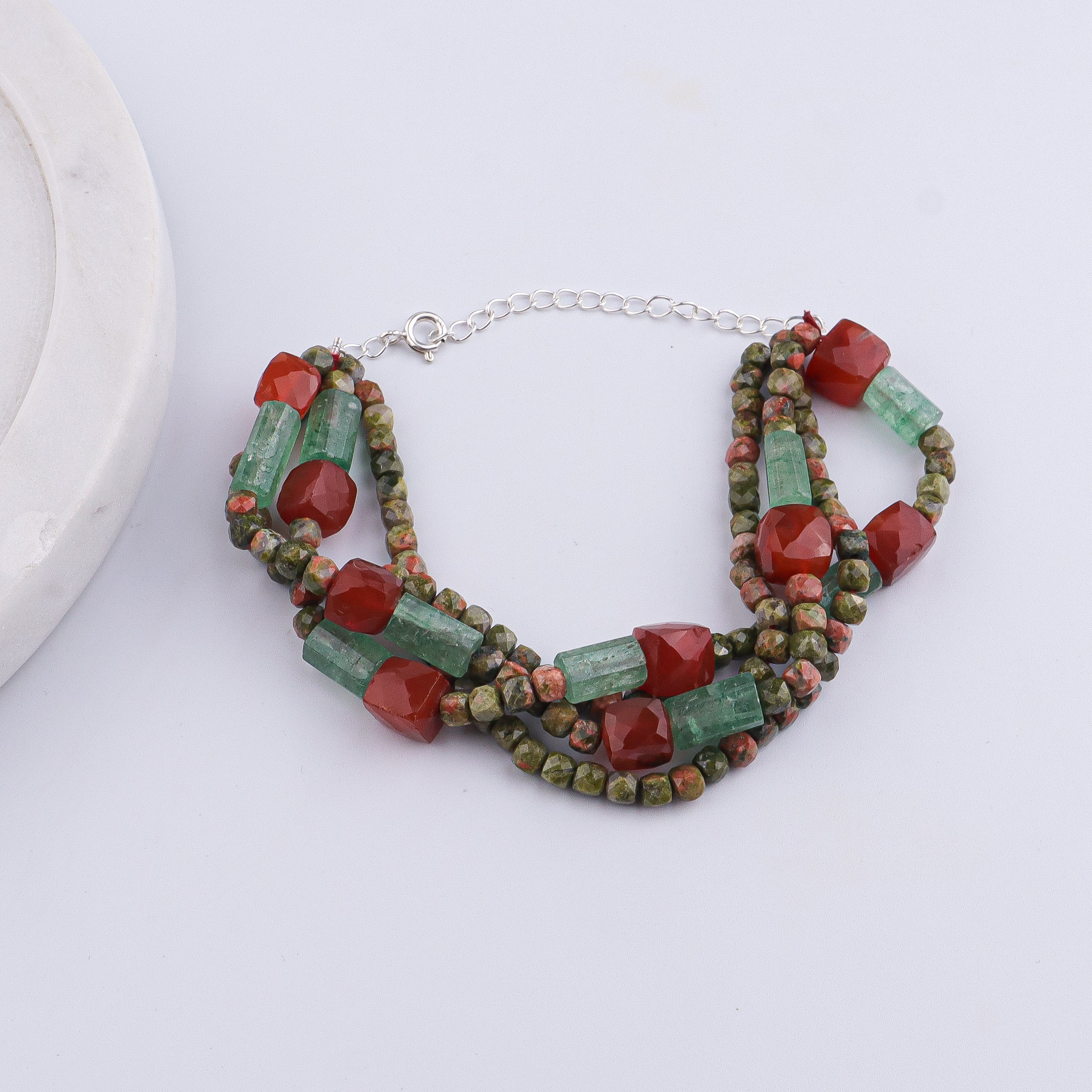 Unakite, Russian Quartz & Carnelian Silver Bracelet (Project Handmade)