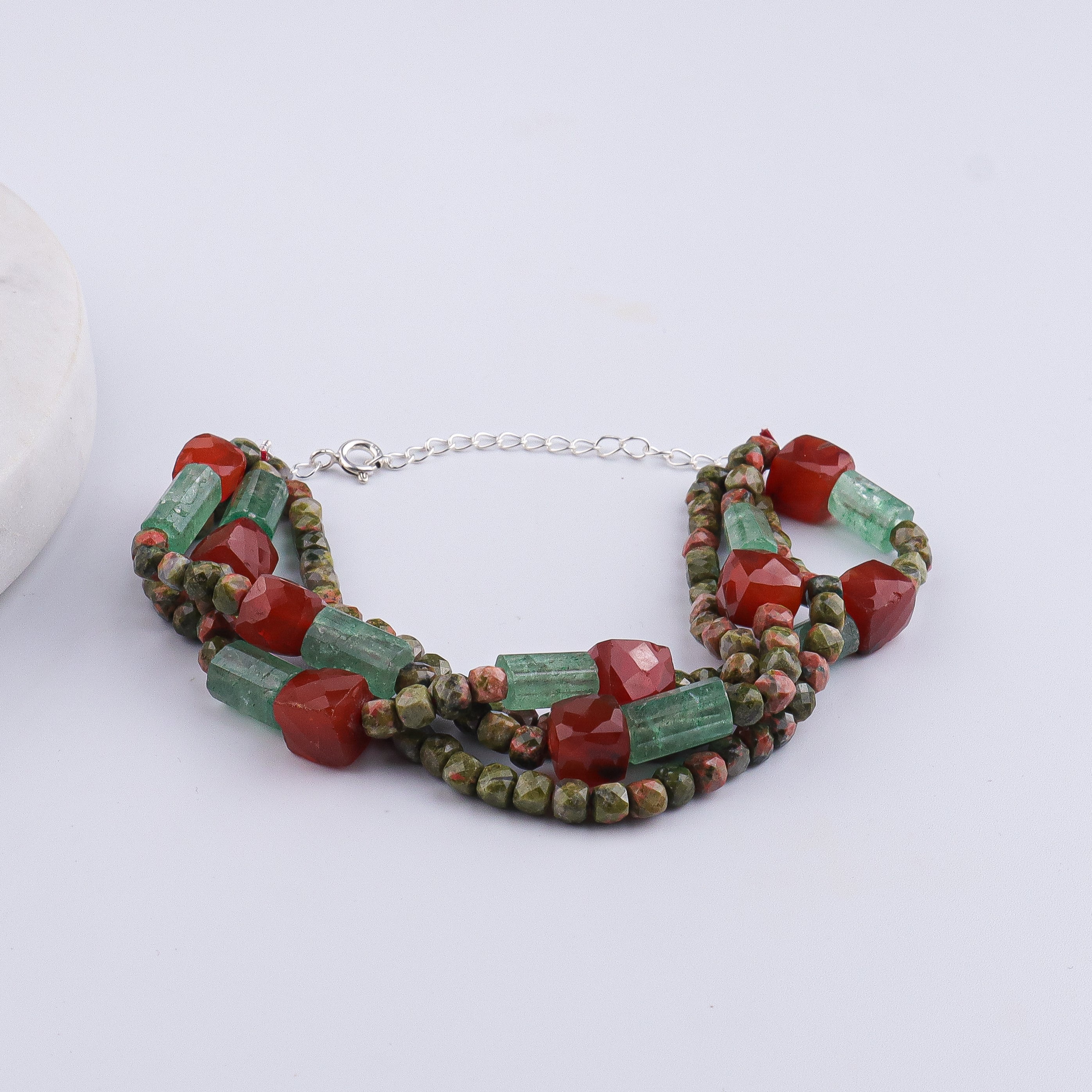 Unakite, Russian Quartz & Carnelian Silver Bracelet (Project Handmade)