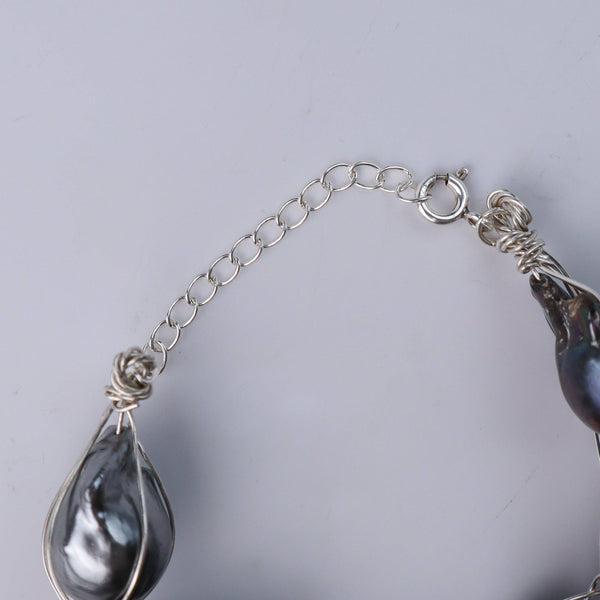 Back clasp of black baroque pearl bracelet with silver chain, House of Aadyaa jewelry