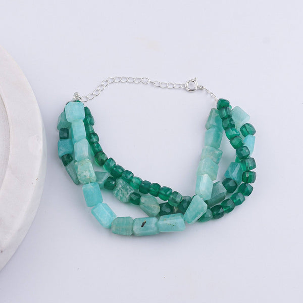 Angled view of Green Onyx & Amazonite Silver Bracelet in 92.5 sterling silver with natural green onyx and amazonite stones