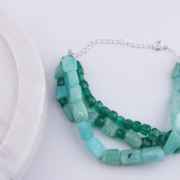 Flat-lay of Green Onyx & Amazonite Silver Bracelet with natural gemstones and handcrafted silver jewellery styling