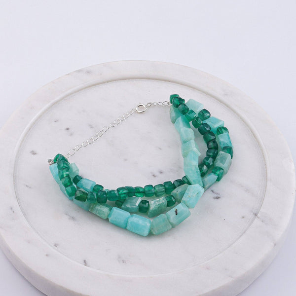 Detailed view of Green Onyx & Amazonite Silver Bracelet highlighting handcrafted silverwork, natural stones, and polished finish