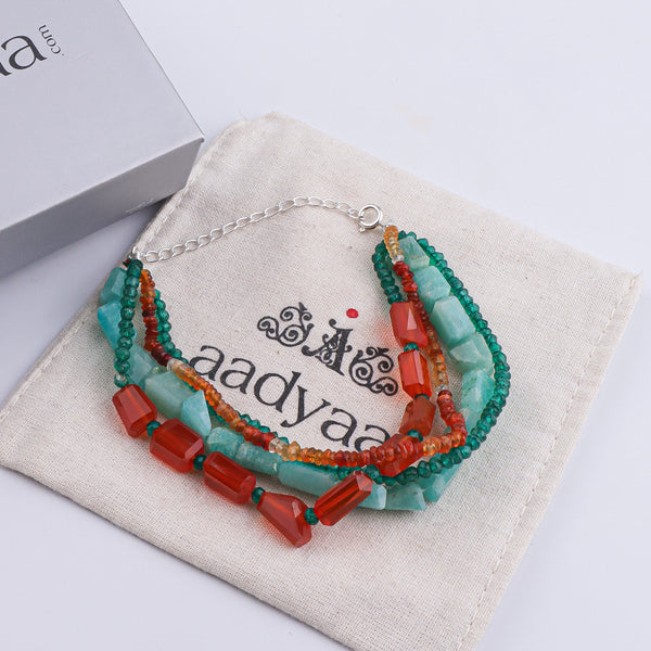 Carnelian, Green Onyx, Amazonite & Natural Orange Opal Silver Bracelet (Project Handmade)