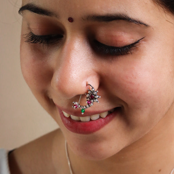 Silver Maharashtrian Nath with intricate beadwork for pierced left nostril