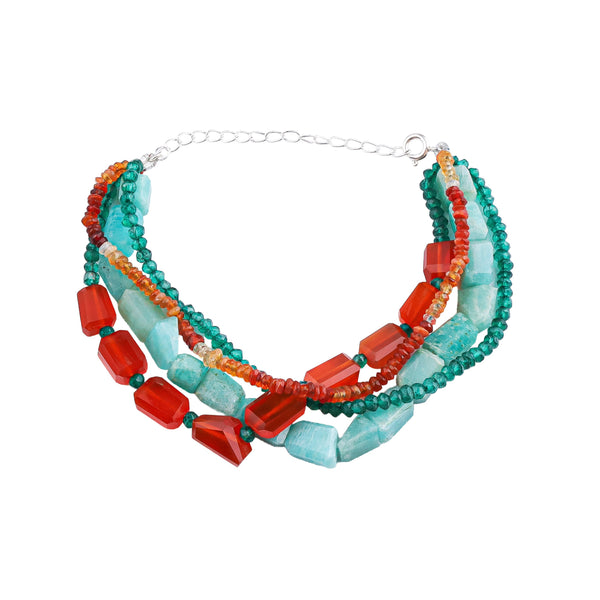 Carnelian, Green Onyx, Amazonite & Natural Orange Opal Silver Bracelet (Project Handmade)