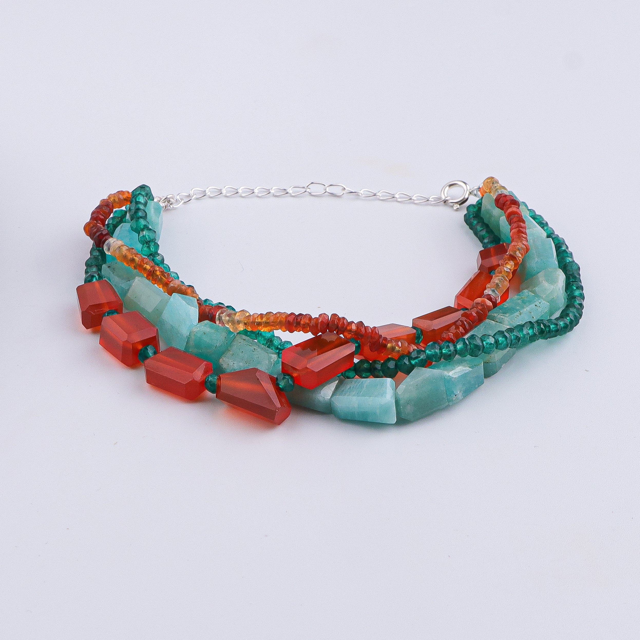Carnelian, Green Onyx, Amazonite & Natural Orange Opal Silver Bracelet (Project Handmade)