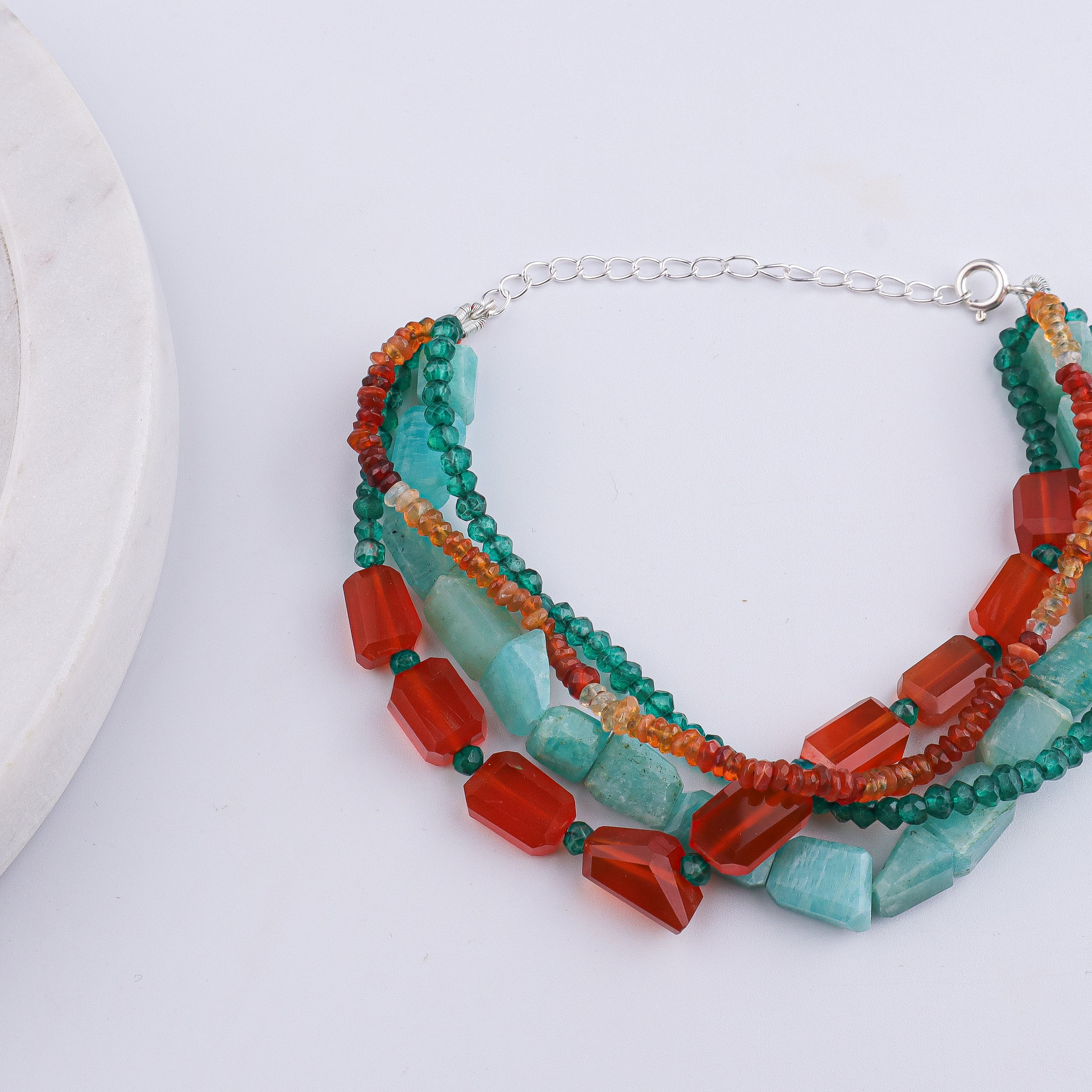 Carnelian, Green Onyx, Amazonite & Natural Orange Opal Silver Bracelet (Project Handmade)