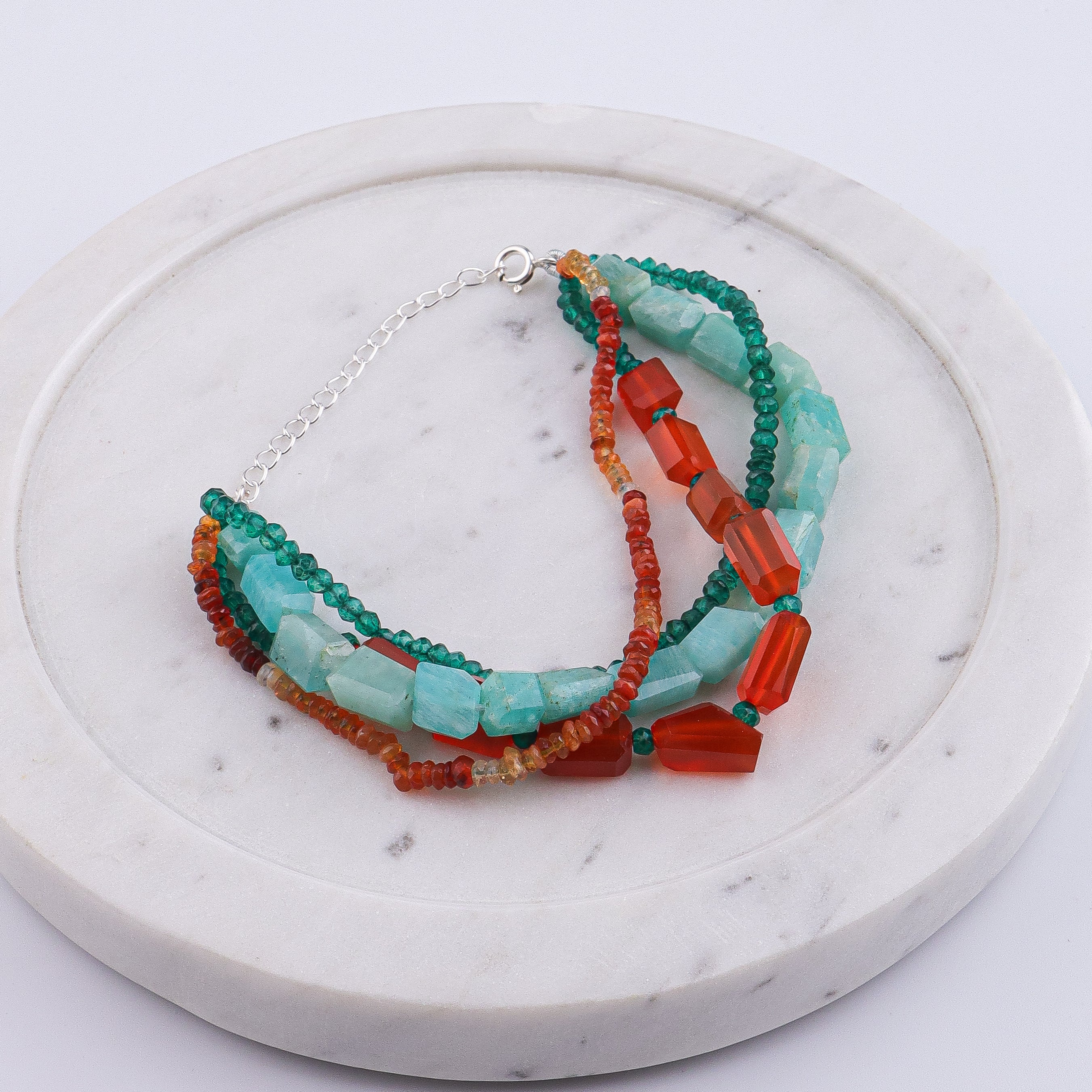 Carnelian, Green Onyx, Amazonite & Natural Orange Opal Silver Bracelet (Project Handmade)