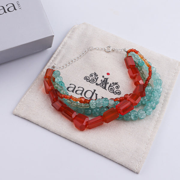 Carnelian, Russian Quartz, Natural Orange Opal & Carved Pumpkin Aqua Fluorite Silver Bracelet (Project Handmade)