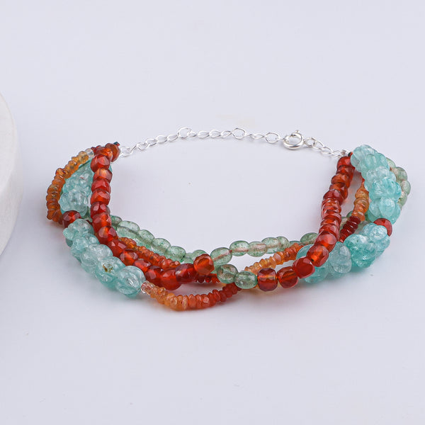Natural Orange Opal, Russian Quartz, Carnelian & Carved Pumpkin Aqua Fluorite Silver Bracelet (Project Handmade)