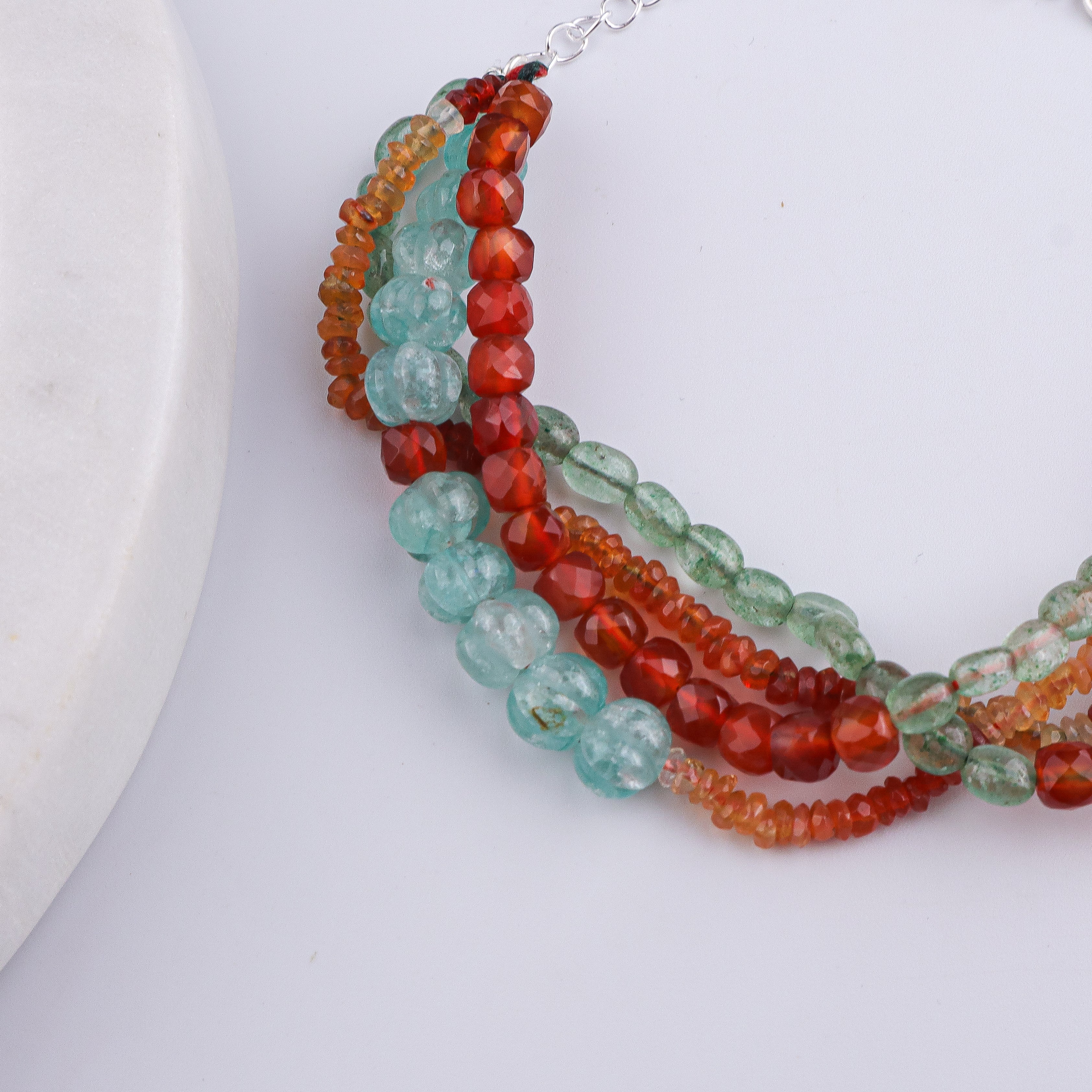 Natural Orange Opal, Russian Quartz, Carnelian & Carved Pumpkin Aqua Fluorite Silver Bracelet (Project Handmade)