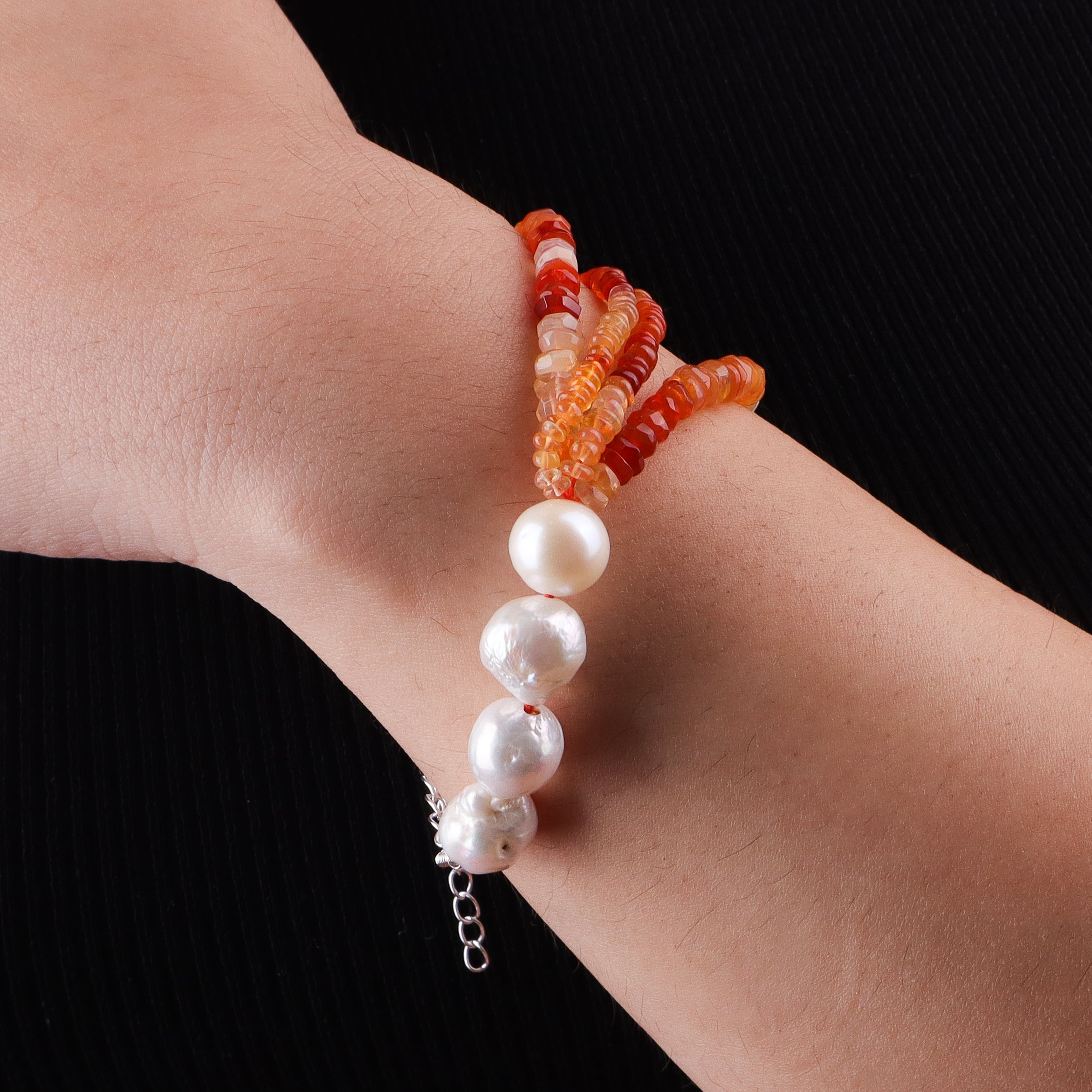 Natural Orange Opal & Baroque Pearl Silver Bracelet (Project Handmade)