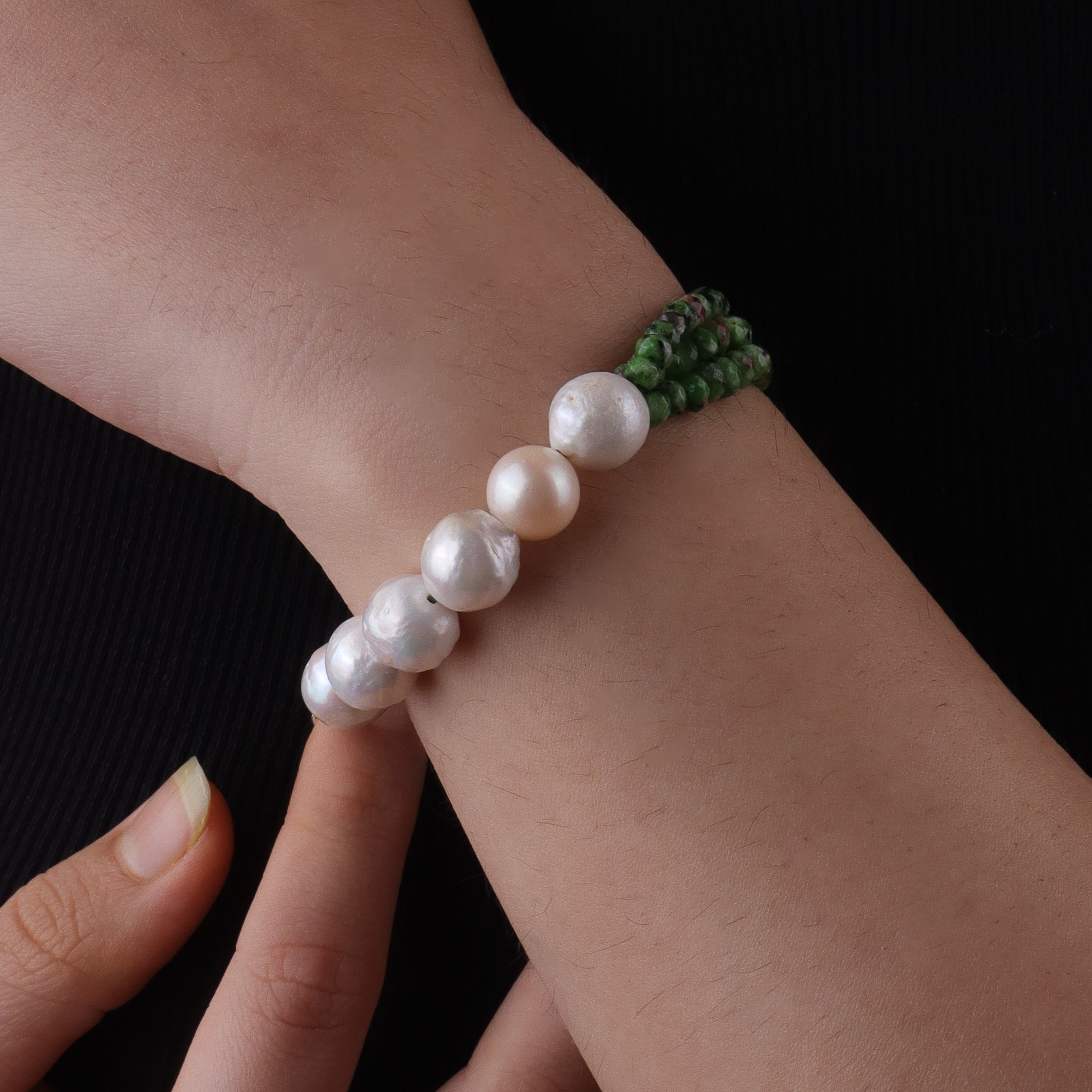 Green Jade & Baroque Pearl Silver Bracelet (Project Handmade)