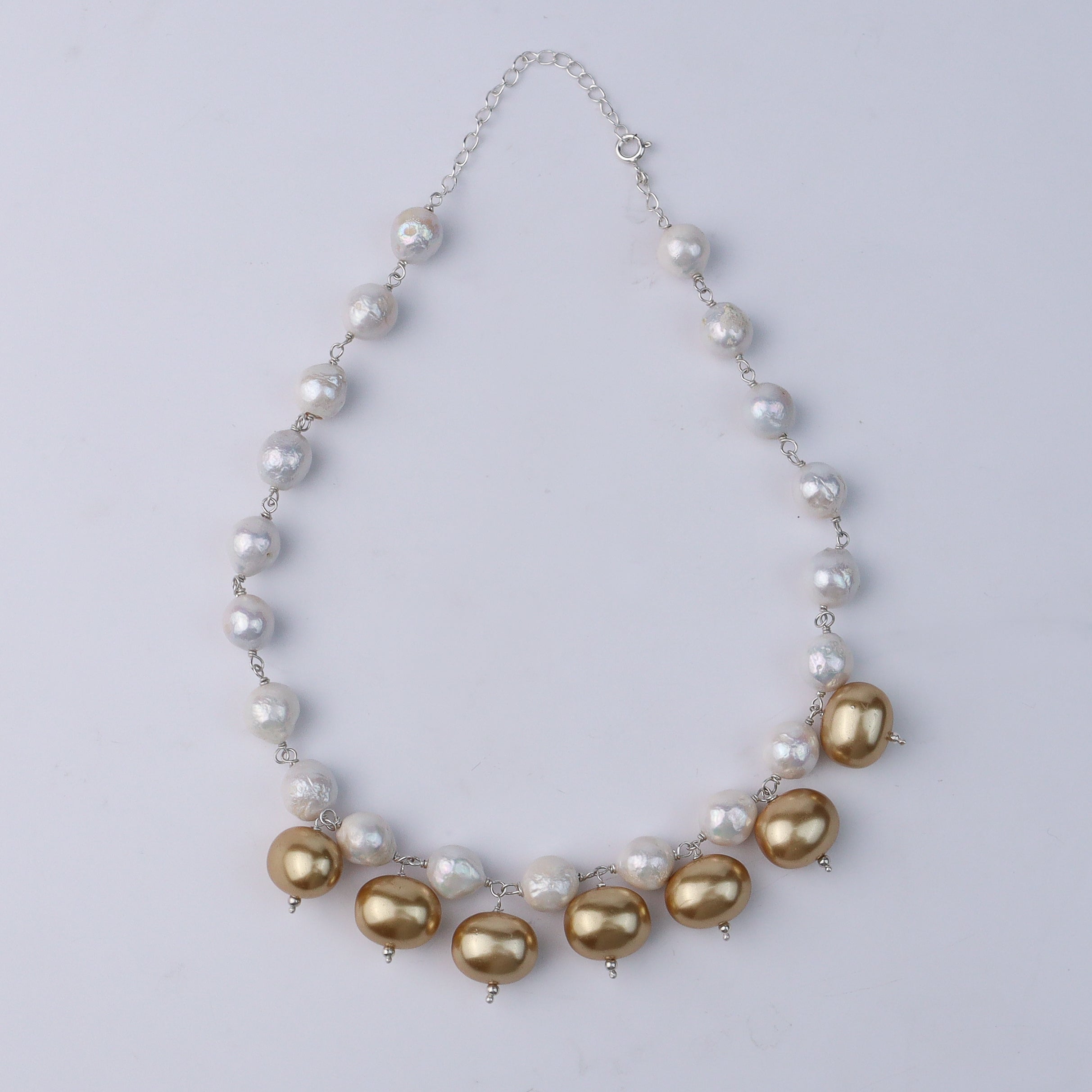 Pearl Flow Necklace with Golden Pearls & Fresh Water Pearls