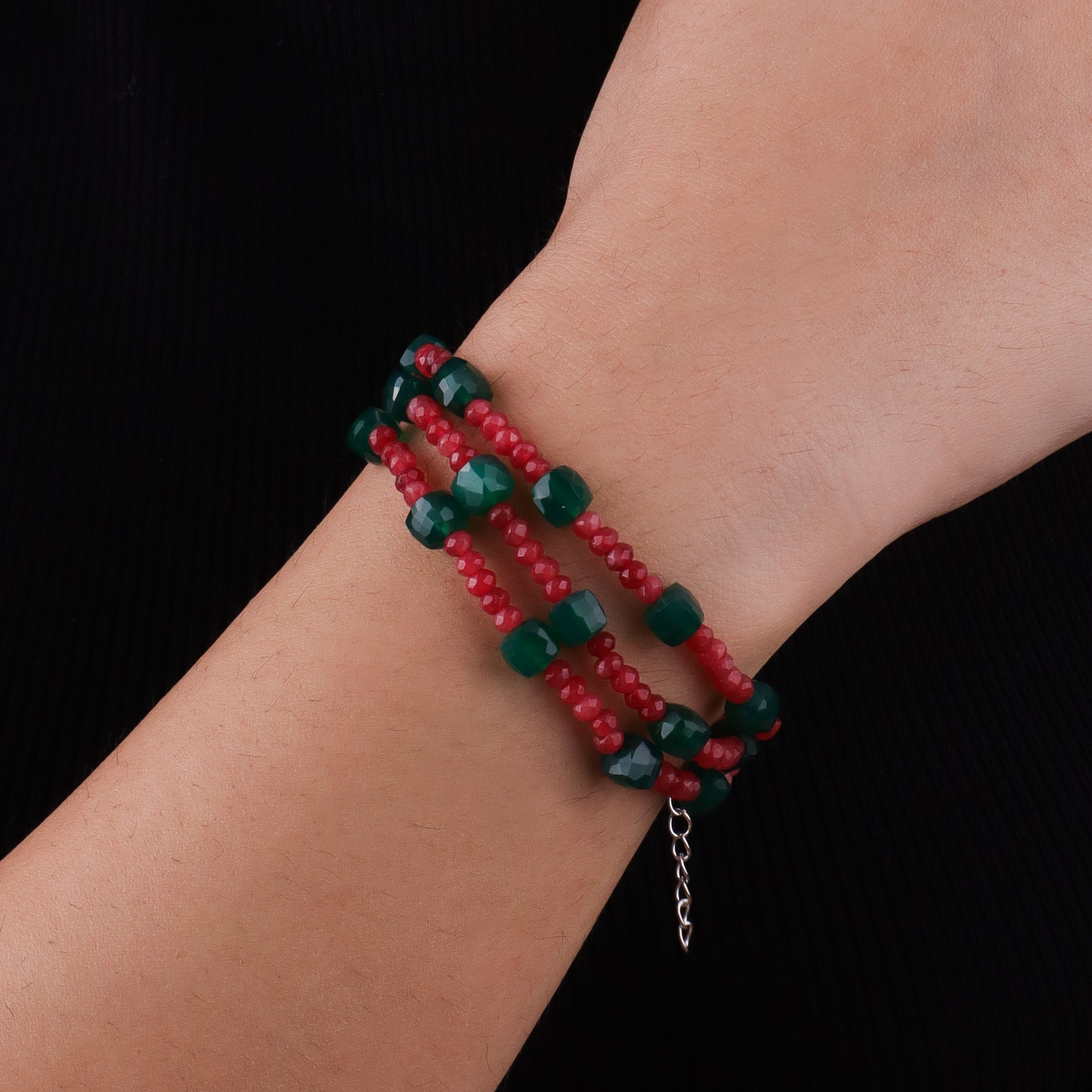 Red Jade & Green Onyx Silver Bracelet (Project Handmade)
