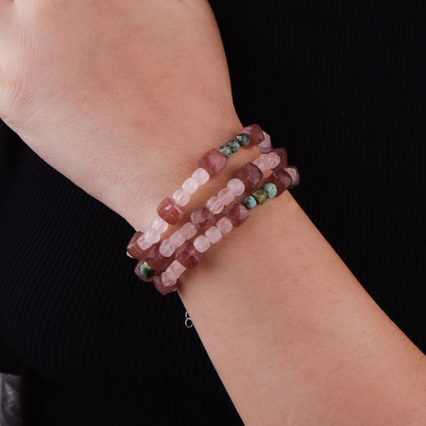 Strawberry Quartz, Rose Quartz & Firoza Silver Bracelet (Project Handmade)
