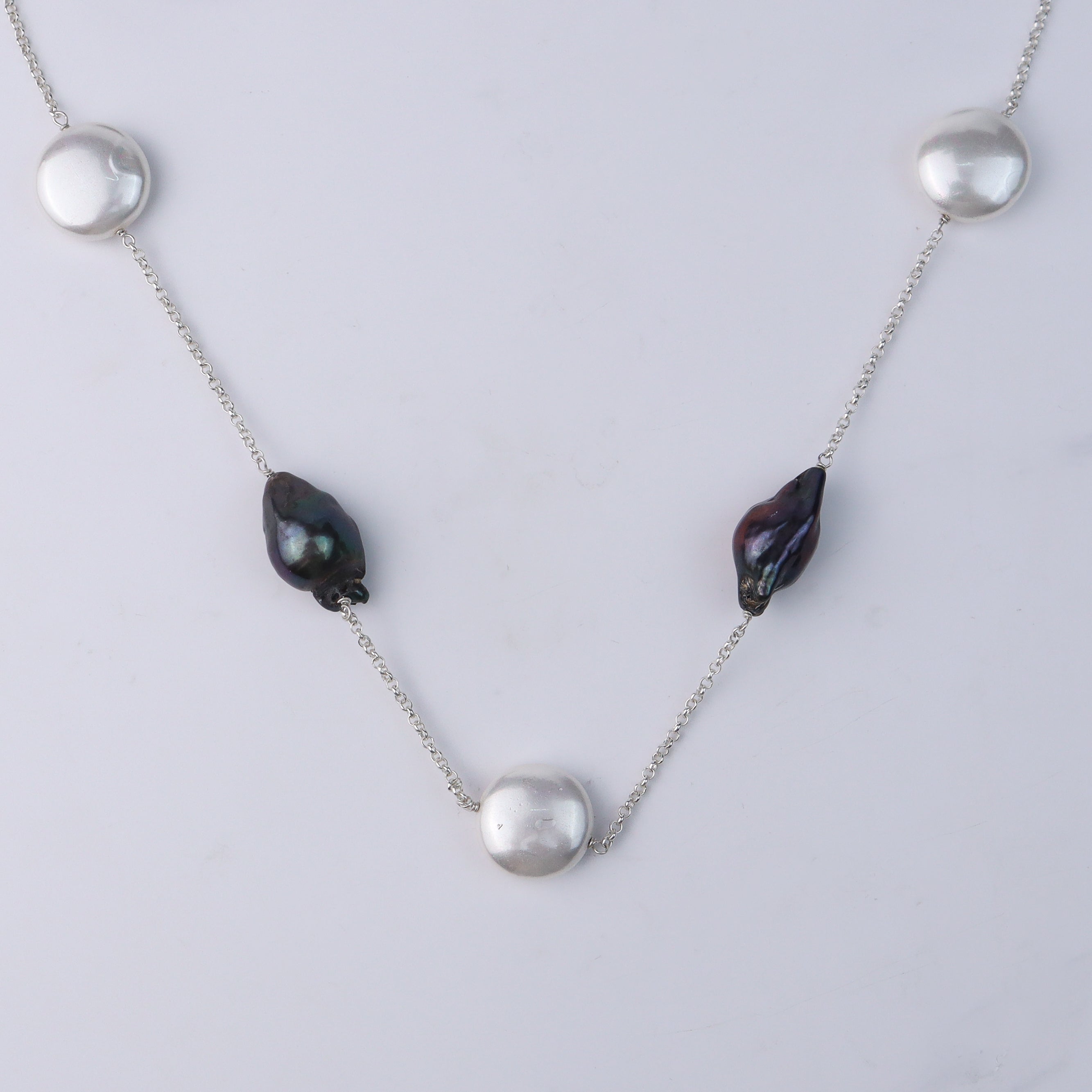 Pearl Line Necklace - Baroque Pearls & Coin Pearls