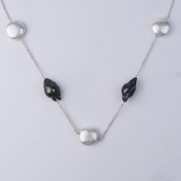 Sterling silver necklace with baroque and coin pearls