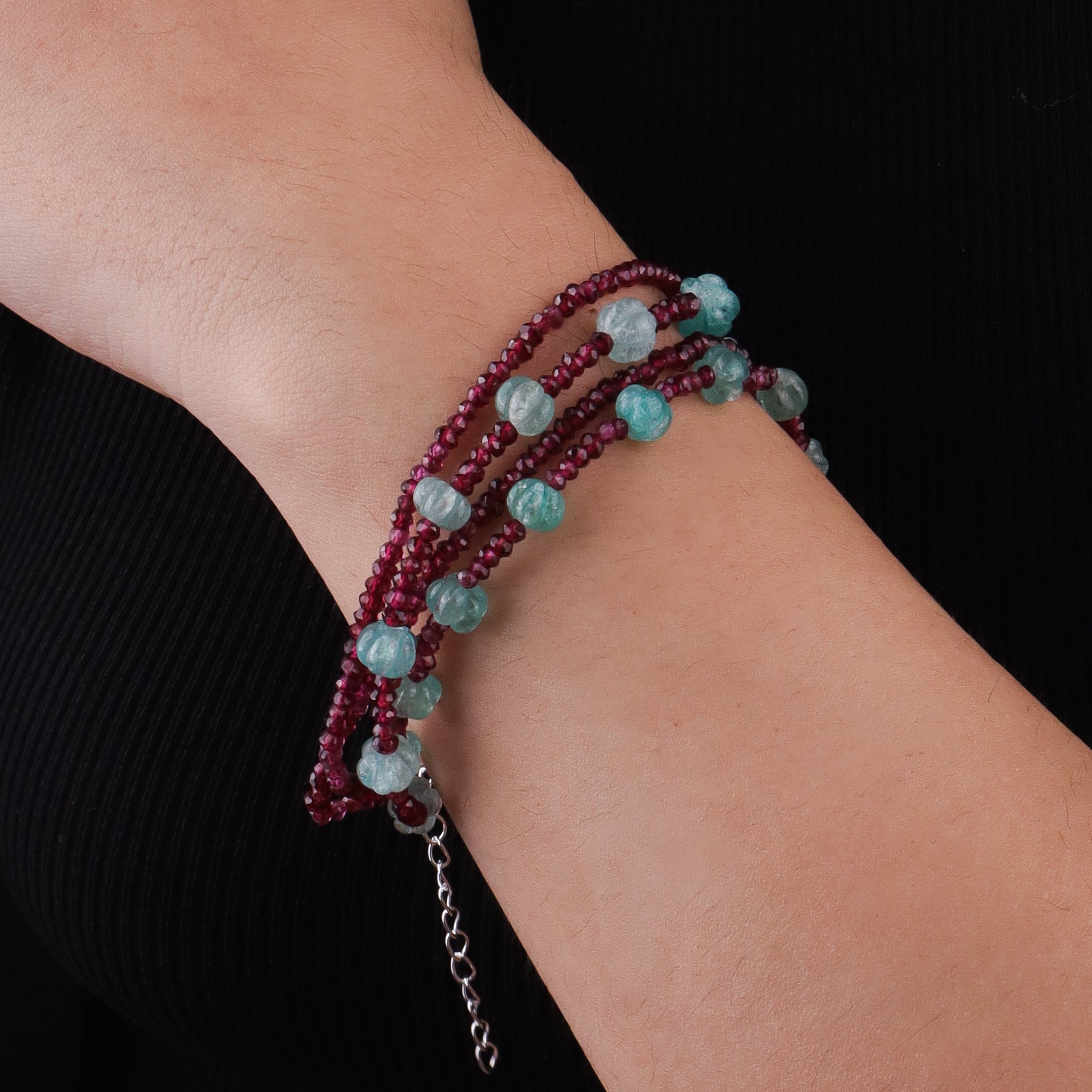 Carved Pumpkin Aqua Fluorite & Garnet Silver Bracelet (Project Handmade)