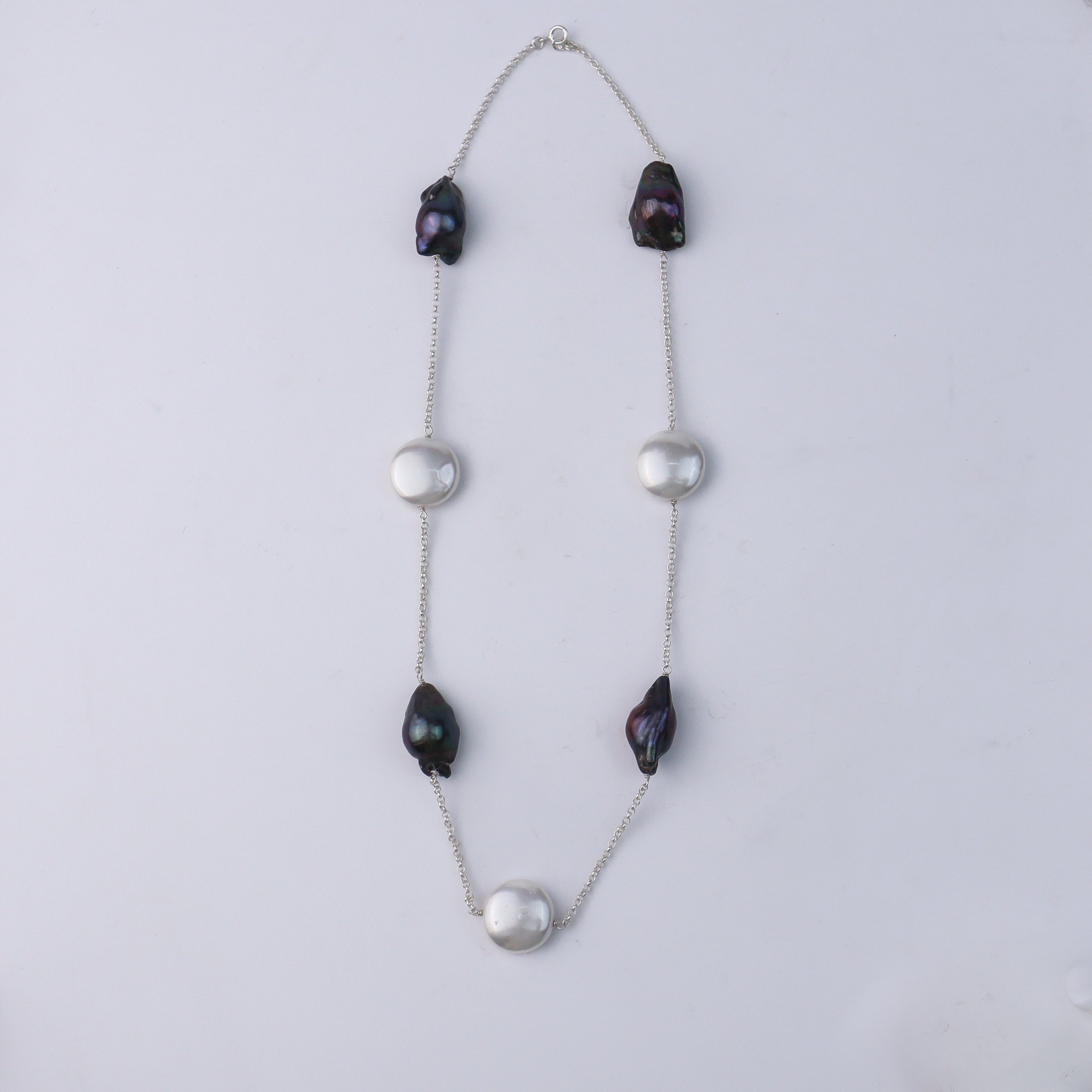 Pearl Line Necklace - Baroque Pearls & Coin Pearls