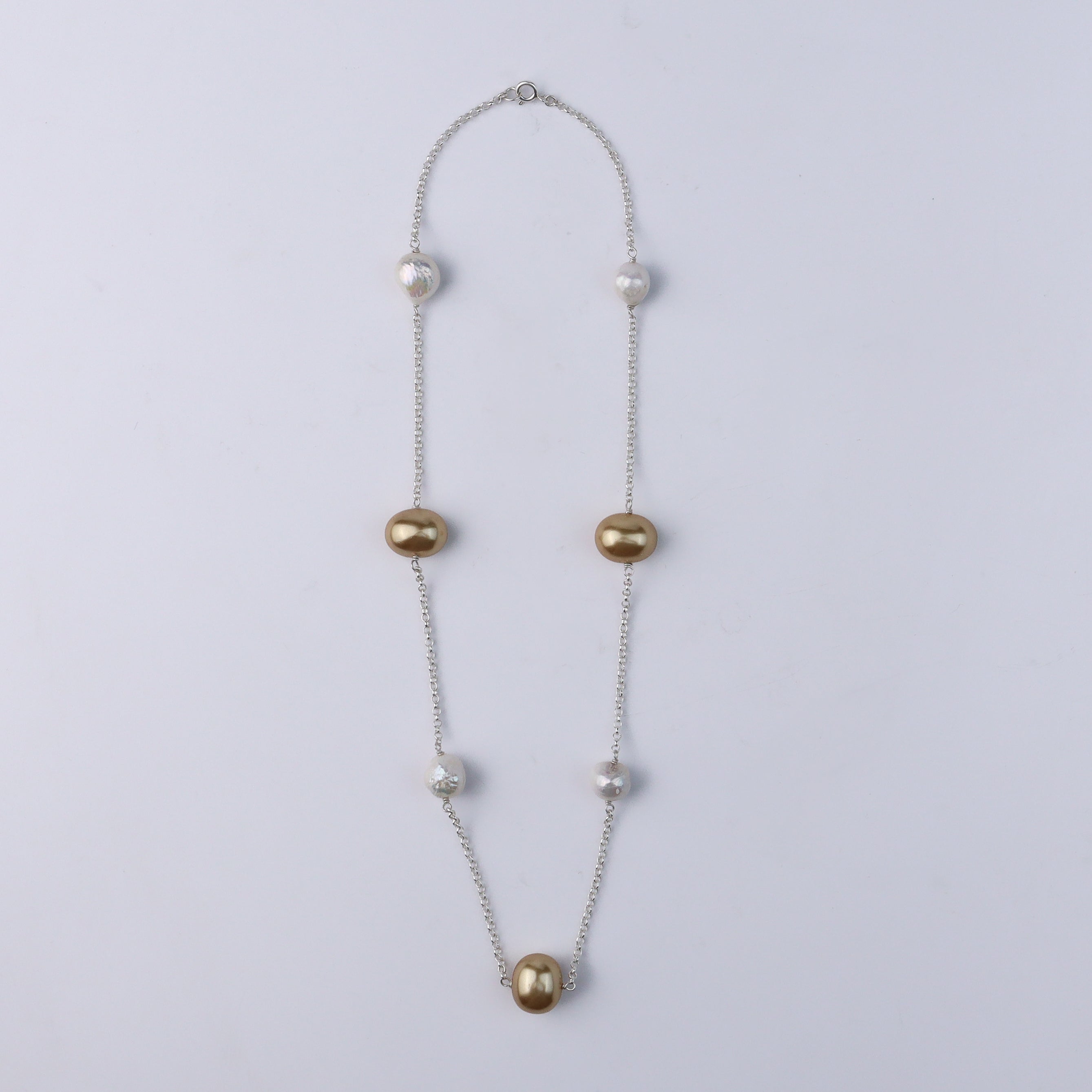 Pearl Line Necklace with Fresh Water Pearls & Golden Pearls