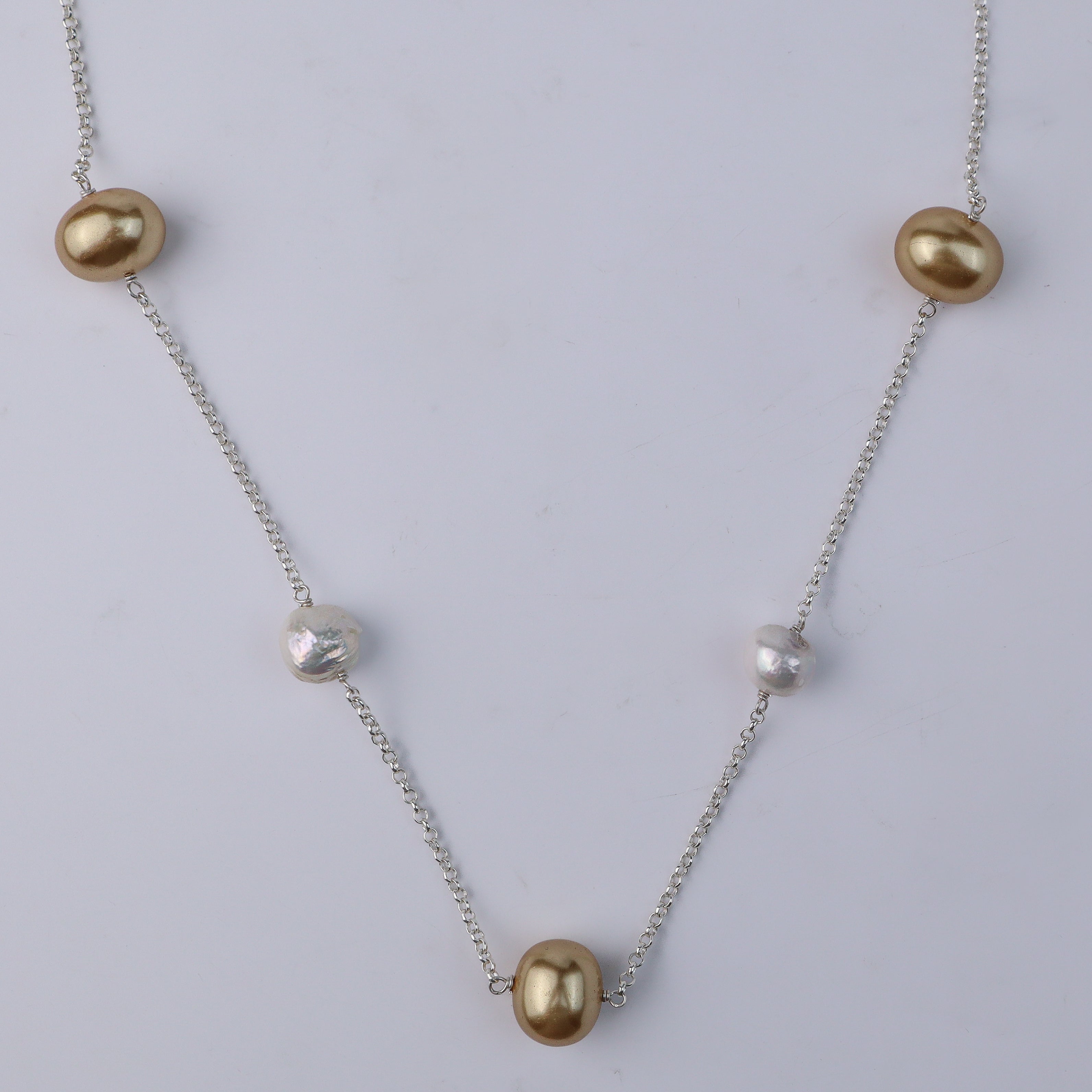 Pearl Line Necklace with Fresh Water Pearls & Golden Pearls