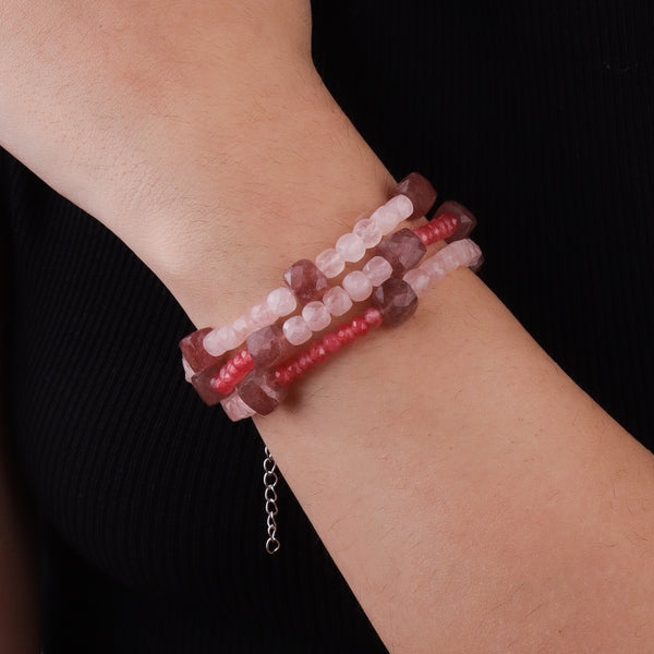 Pink Jade, Strawberry & Rose Quartz Silver Bracelet (Project Handmade)