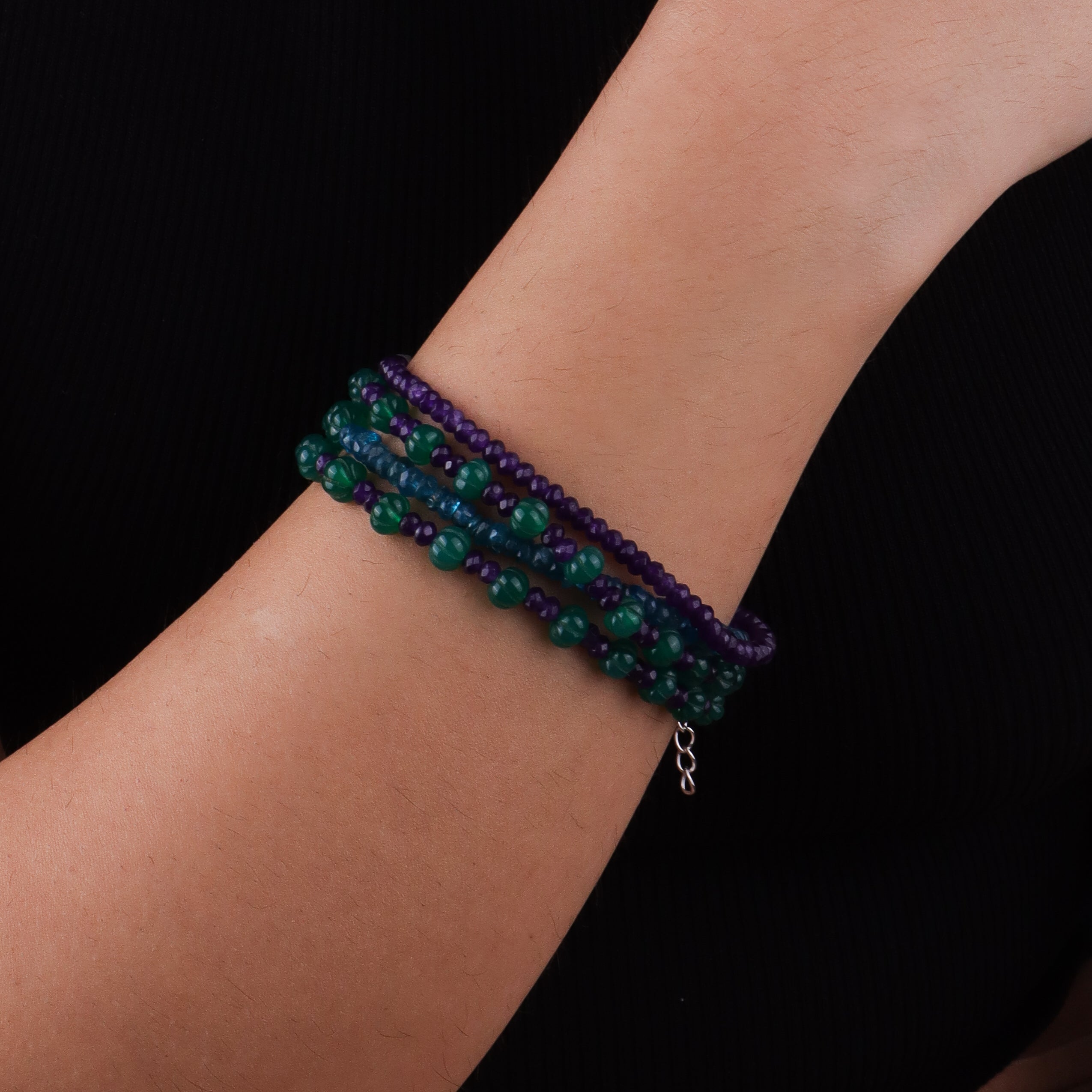 Rhodolite, Green Onyx, Labradorite & Purple Jade Silver Bracelet (Project Handmade)