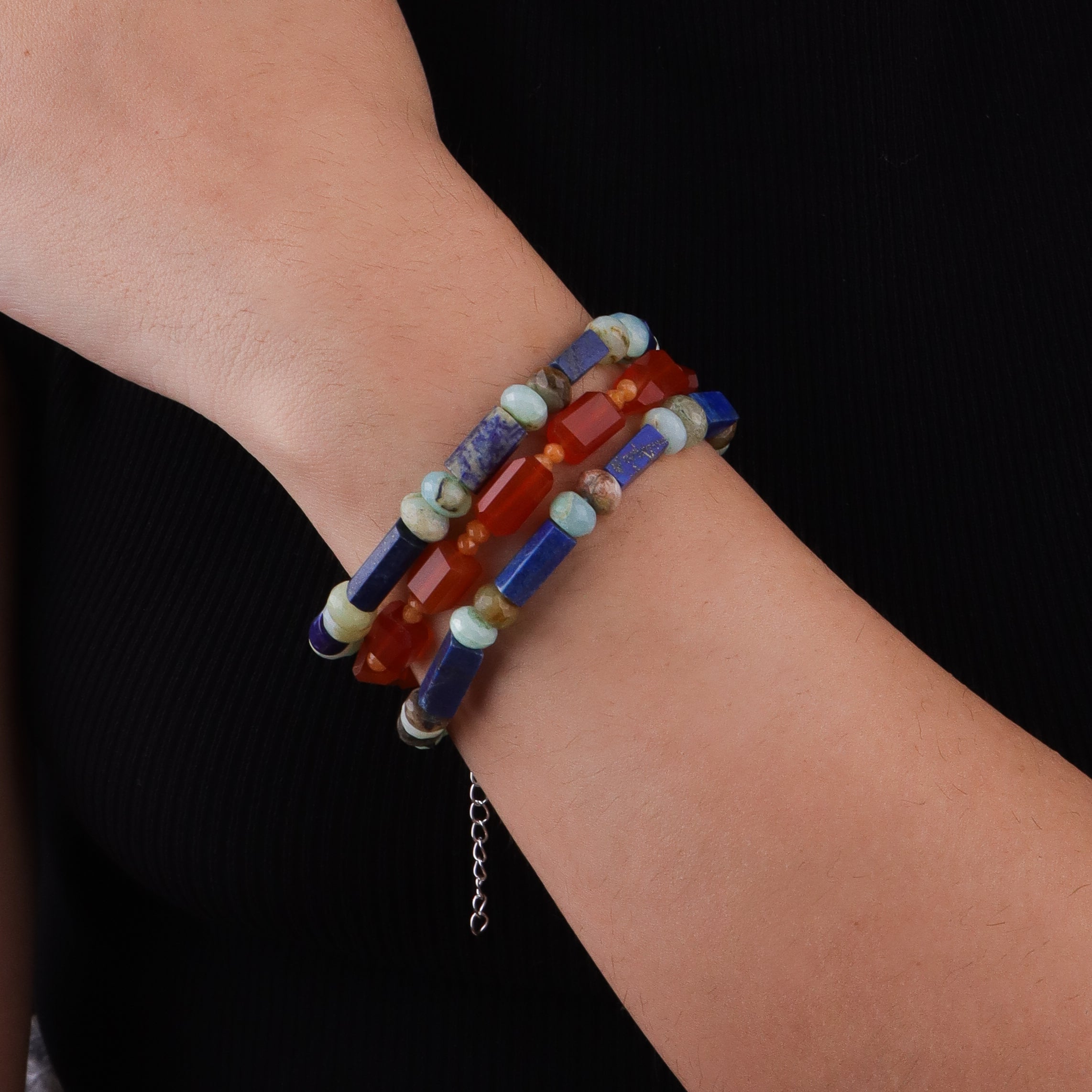 Carnelian, Lapis Lazuli, Orange Jade & Blue Opal Silver Bracelet (Project Handmade)