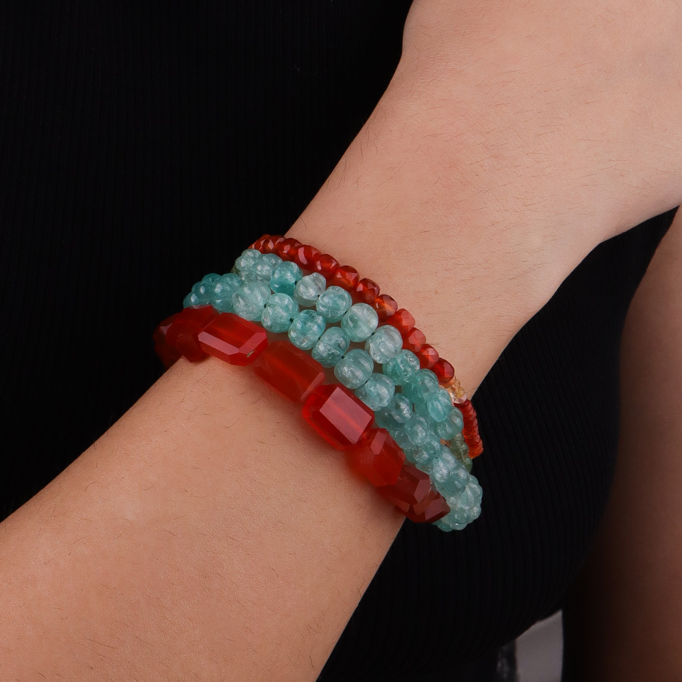 Carnelian, Russian Quartz, Natural Orange Opal & Carved Pumpkin Aqua Fluorite Silver Bracelet (Project Handmade)