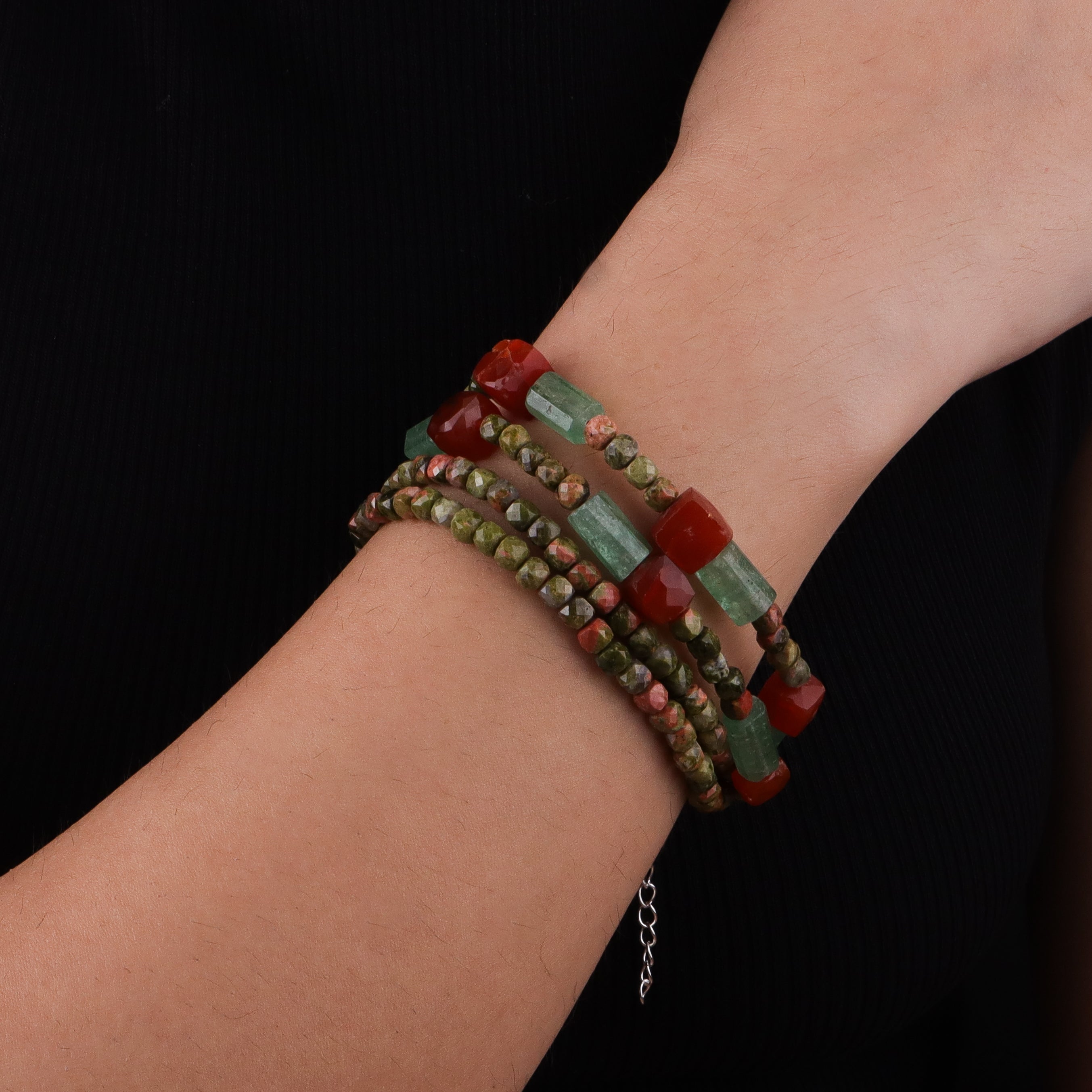 Unakite, Russian Quartz & Carnelian Silver Bracelet (Project Handmade)