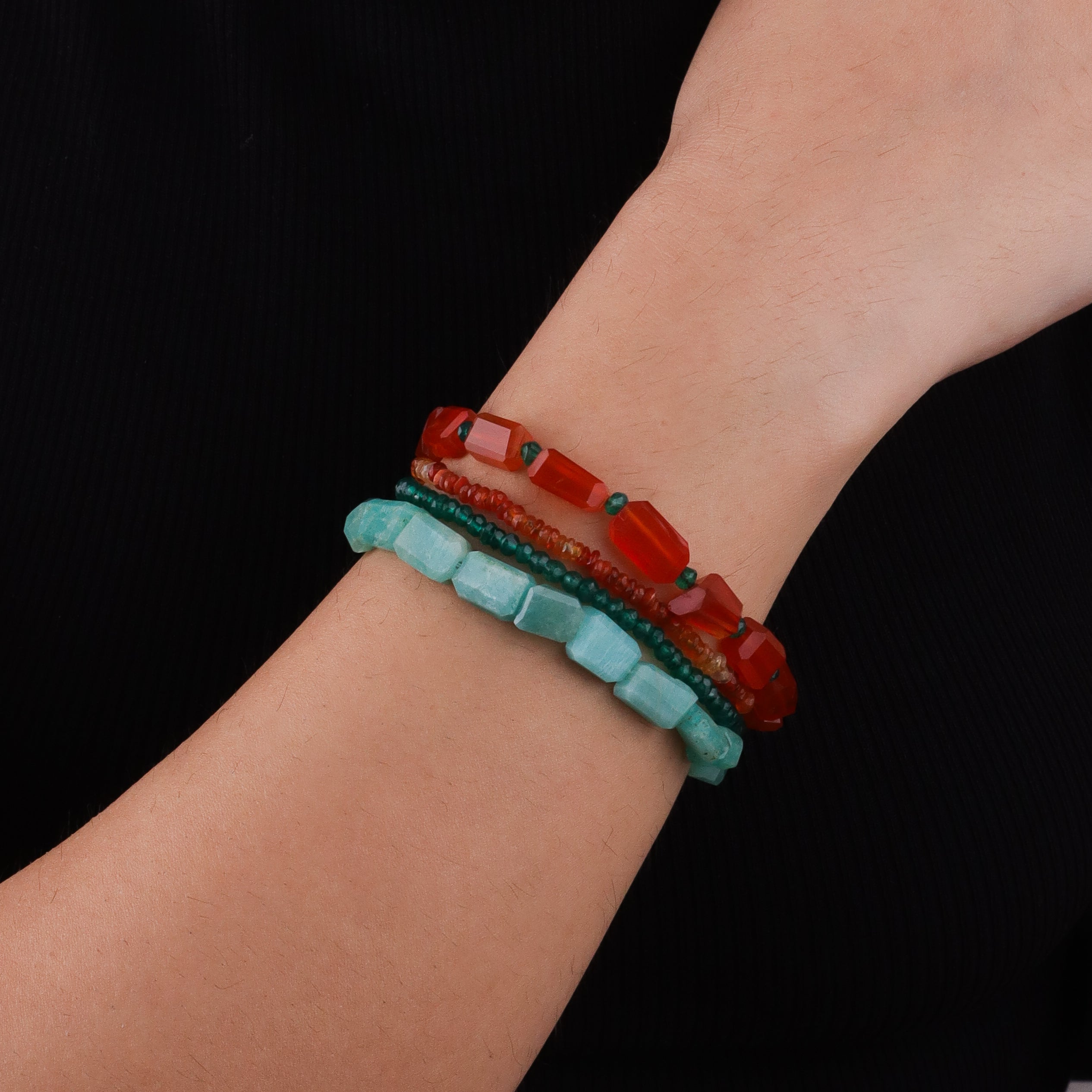 Carnelian, Green Onyx, Amazonite & Natural Orange Opal Silver Bracelet (Project Handmade)