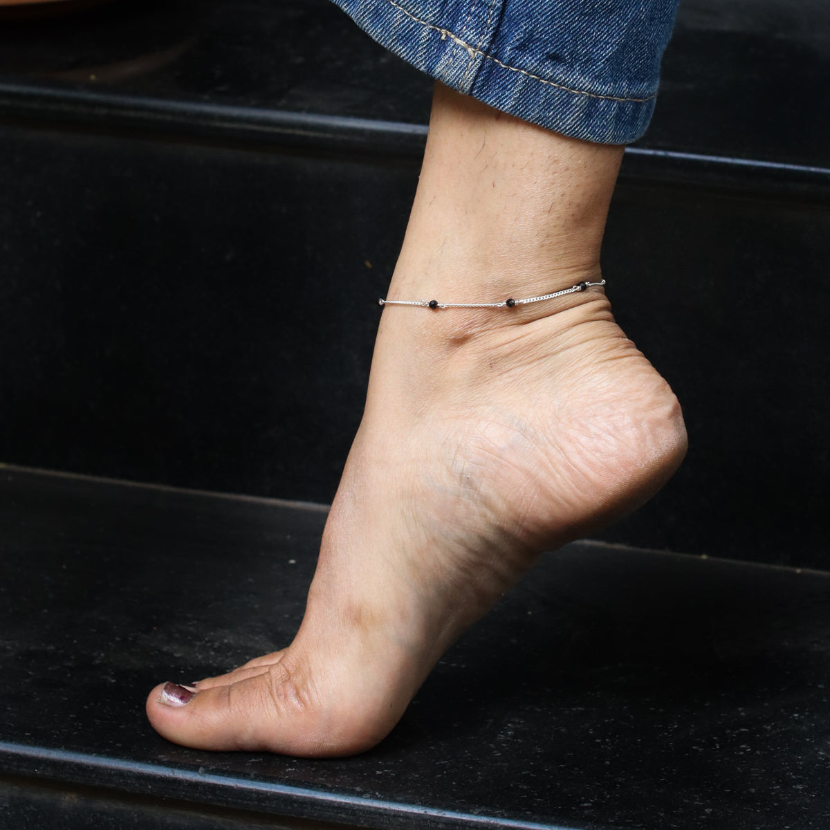 Black Spinel Silver Anklet