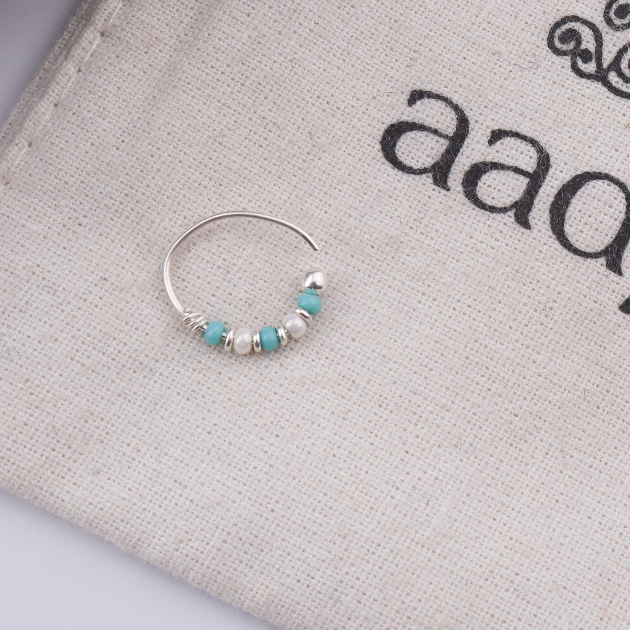 Silver Septum Cum Nose Ring with Blue & White Bead (Pierced)