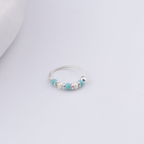 Silver Septum Cum Nose Ring with Blue & White Bead (Pierced)